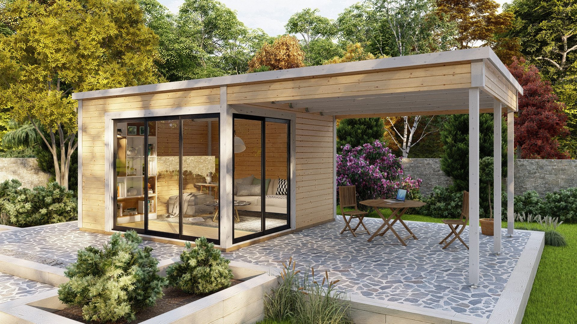 Finn Art Blockhaus Gartenhaus Flachdach 7x4m Holz Sydney 32 Plus, BxT: 720x370 cm, ohne Fußboden, ohne Dacheindeckung