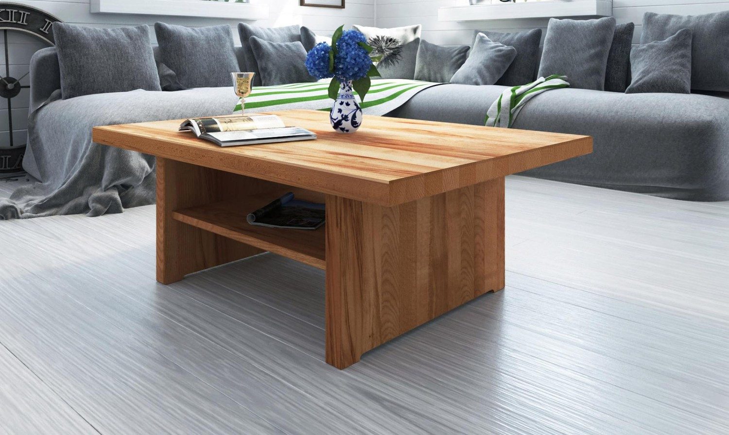 Natur24 Couchtisch Couchtisch Zigo Kernbuche 60x80x38cm mit Holzfußgestell und Ablage
