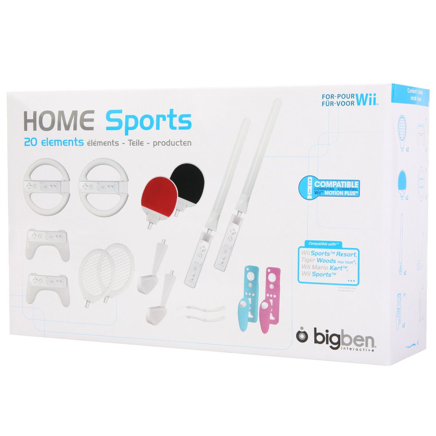 BigBen »Home Sports Pack 20in1 Weiß für Nintendo Wii« Controller (Halterung  für Wiimote, Realistisches Game-Play für Wii Sports Spiele, mit Pistole  Gun, Lenkrad, Tennis, Tischtennis, Golf-Schläger, Schwert, Schutz-Hüllen)