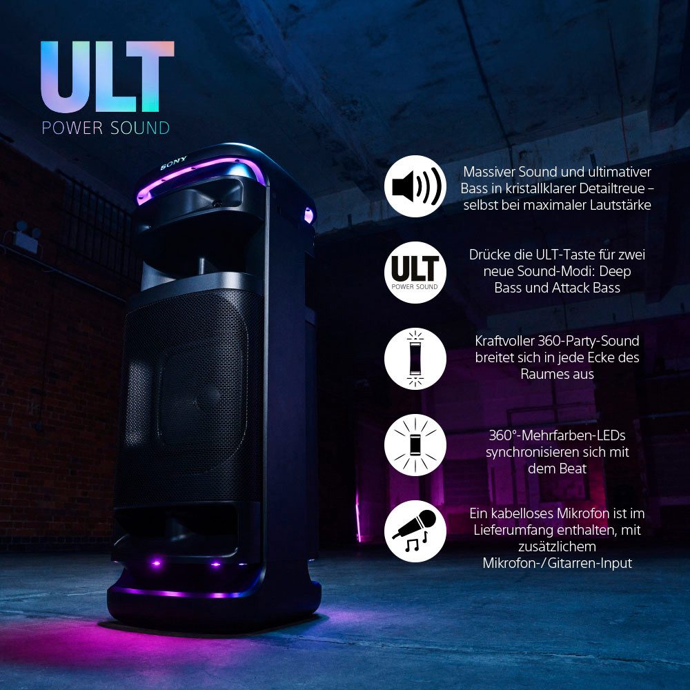 Sony ULT TOWER 10 inkl. kabelloses Micro Party-Lautsprecher (Bluetooth, 139 W, ultimativem tiefen Bass, X-Balanced Speakers, 360-LED-Beleuchtung)