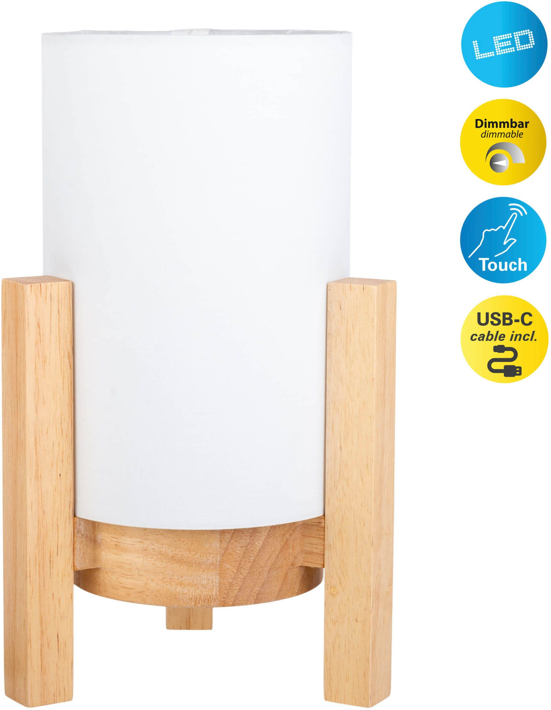 näve LED Tischleuchte Madita, Ein-/Ausschalter, LED wechselbar, Warmweiß, Akkubetrieb, inkl. USB-C-Kabel, Holzgestell, Textilschirm, dimmbar