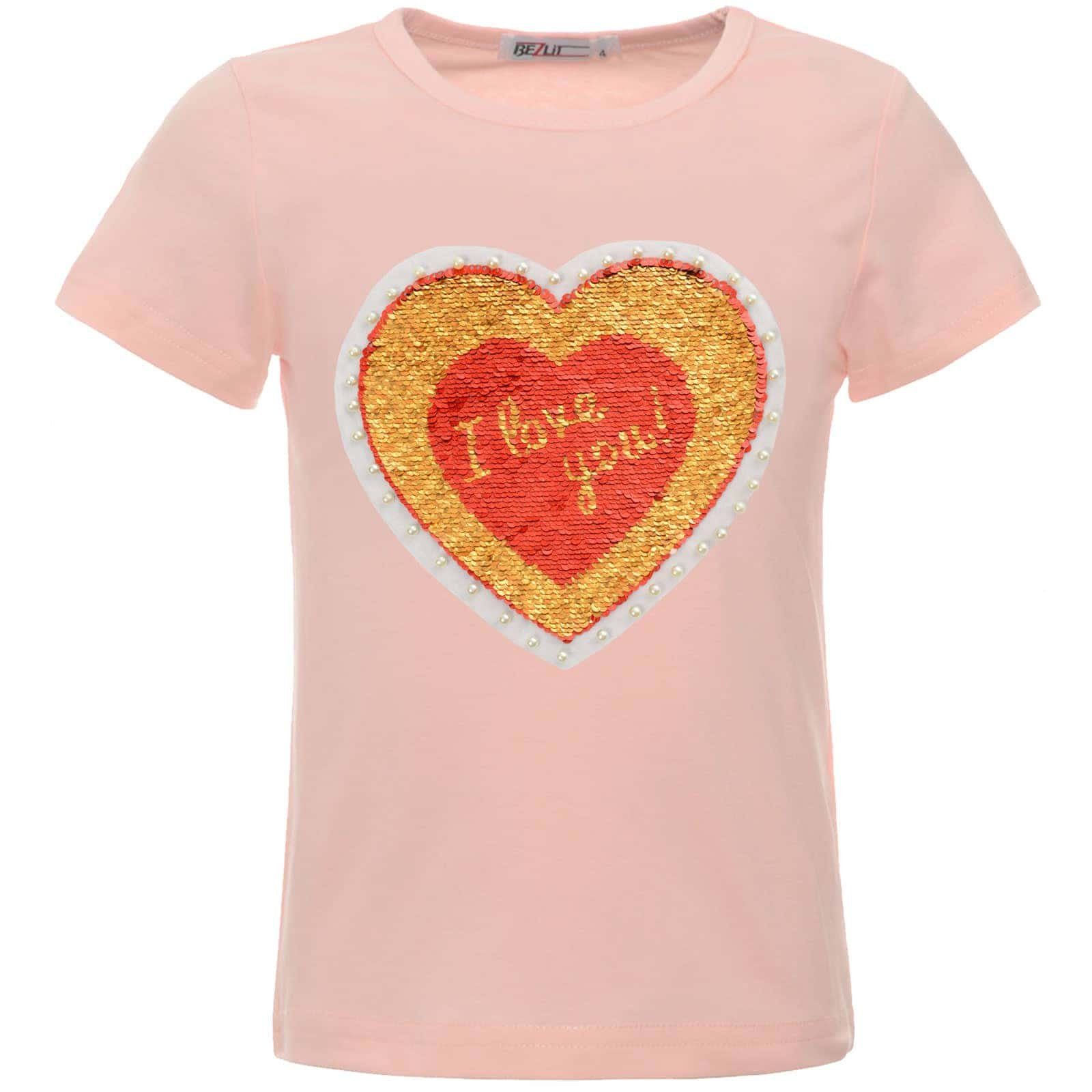 BEZLIT Paillettenshirt Mädchen T-Shirt Wende Pailletten Herz Motiv (1-tlg) mit Wendepailletten, mit Kunstperlen Rosa