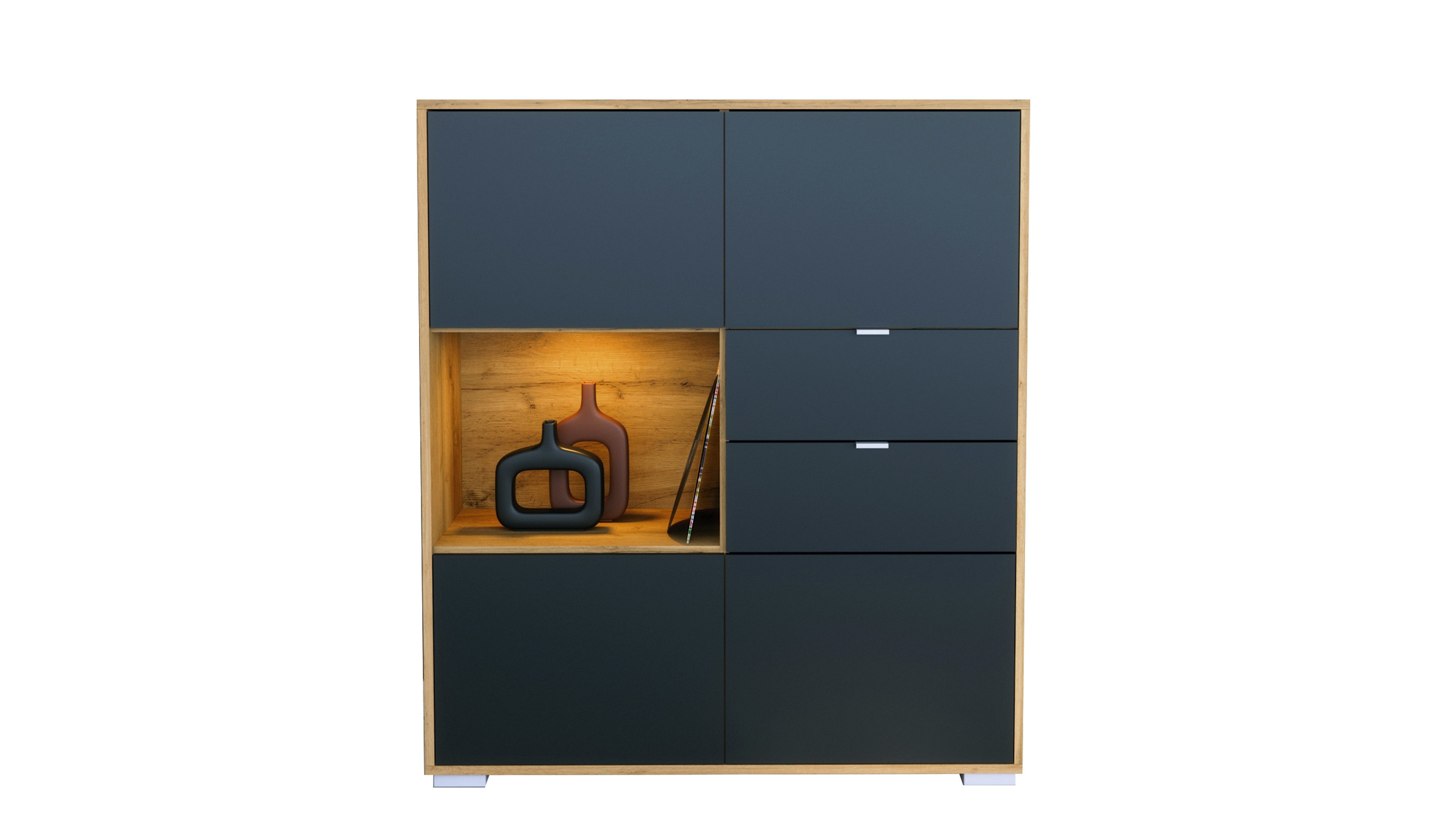 Vladon Highboard Milano V1 (Highboard mit 4 Tür Schwarz matt, 2 Schubladen Schwarz matt, inkl. LED, Made in Germany), Korpus Eiche Evoke (103 x 118 x 37 cm)