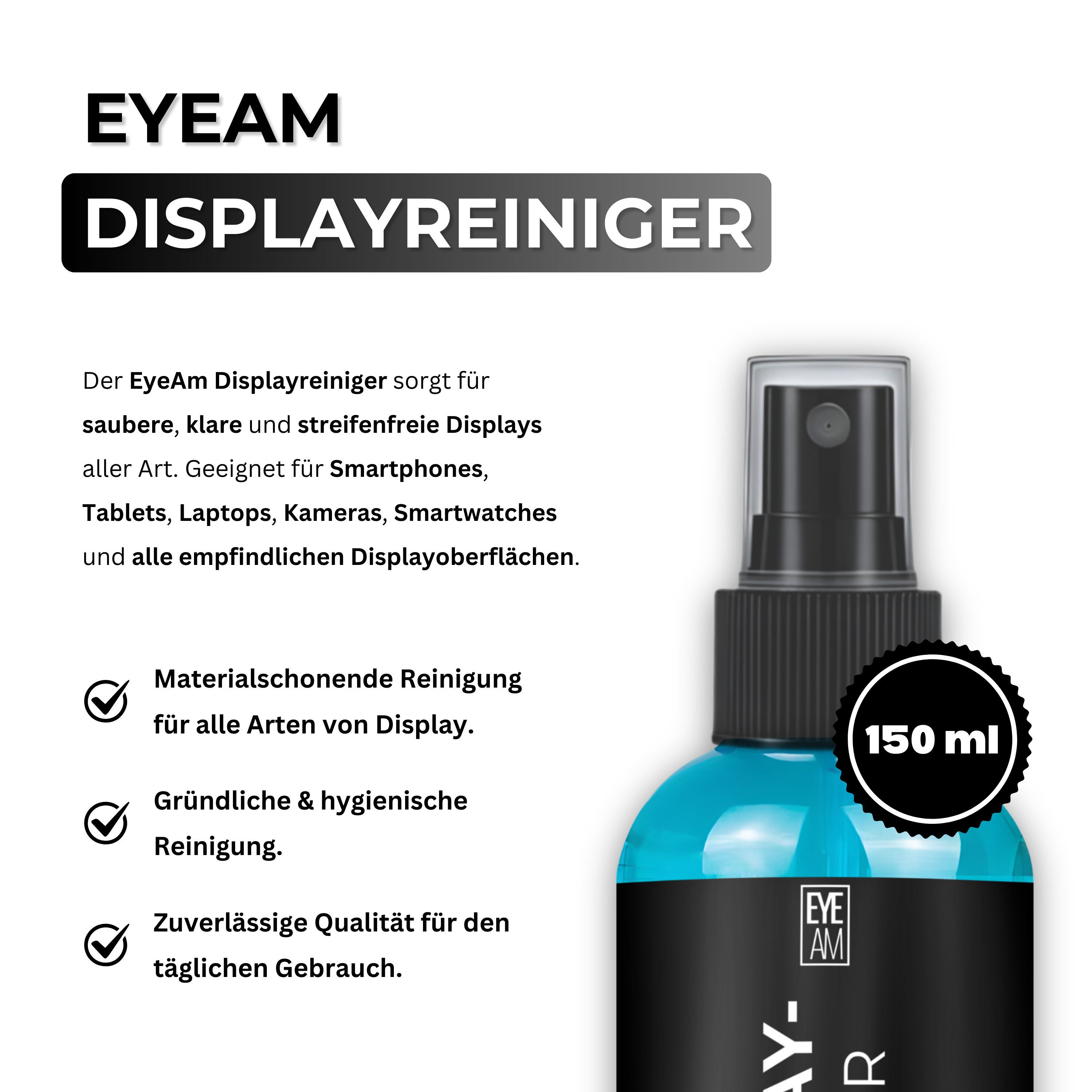 EyeAm Displayreiniger Set 2x150ml mit großem Mikrofasertuch 40x40 cm, Glasreiniger (1 Flasche für Zuhause, 1 für Büro oder Auto, Streifenfreies Reinigungsspray)