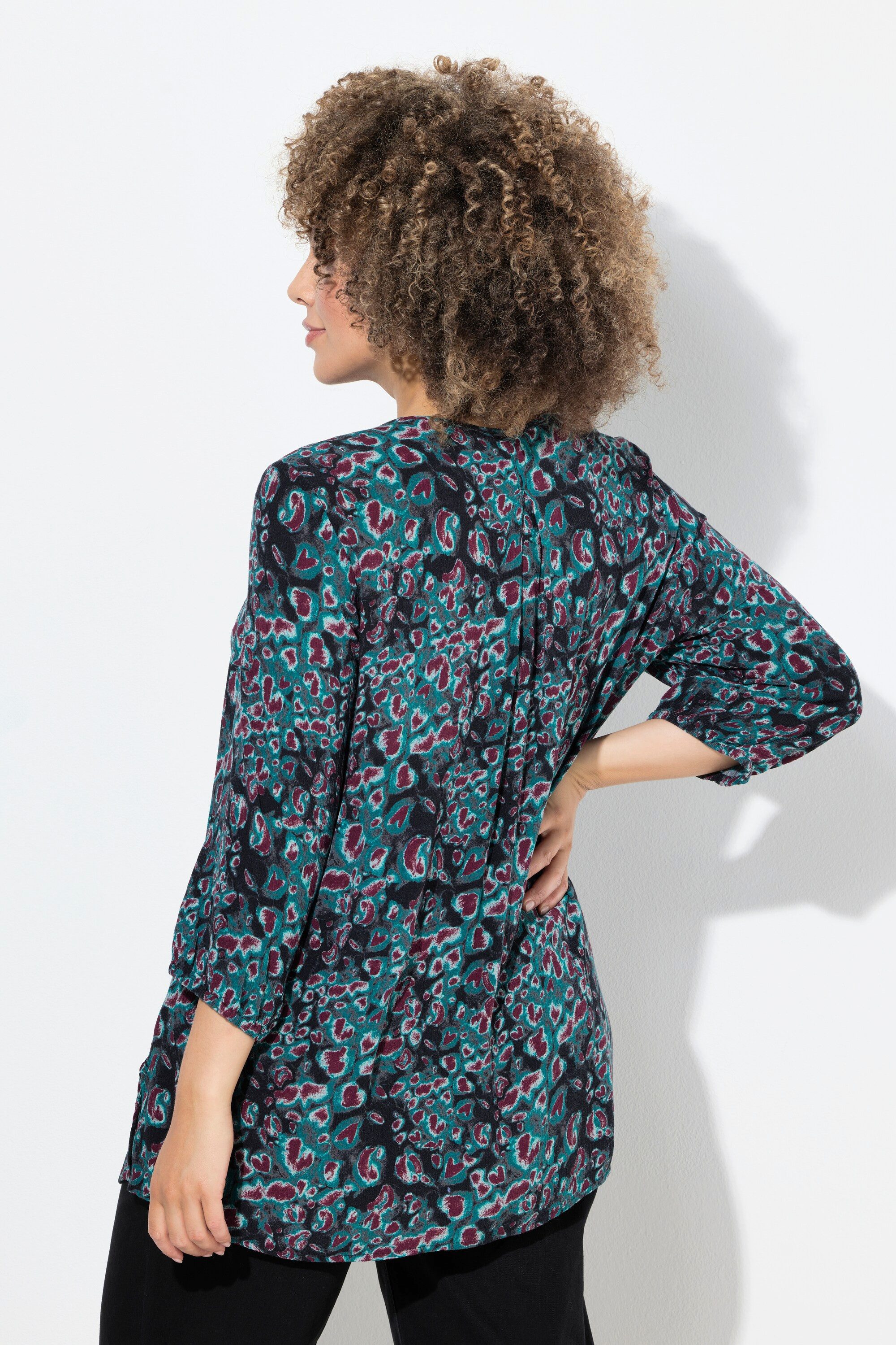 Ulla Popken Tunika Smokbluse Leomuster A-Linie Rundhals 3/4-Arm