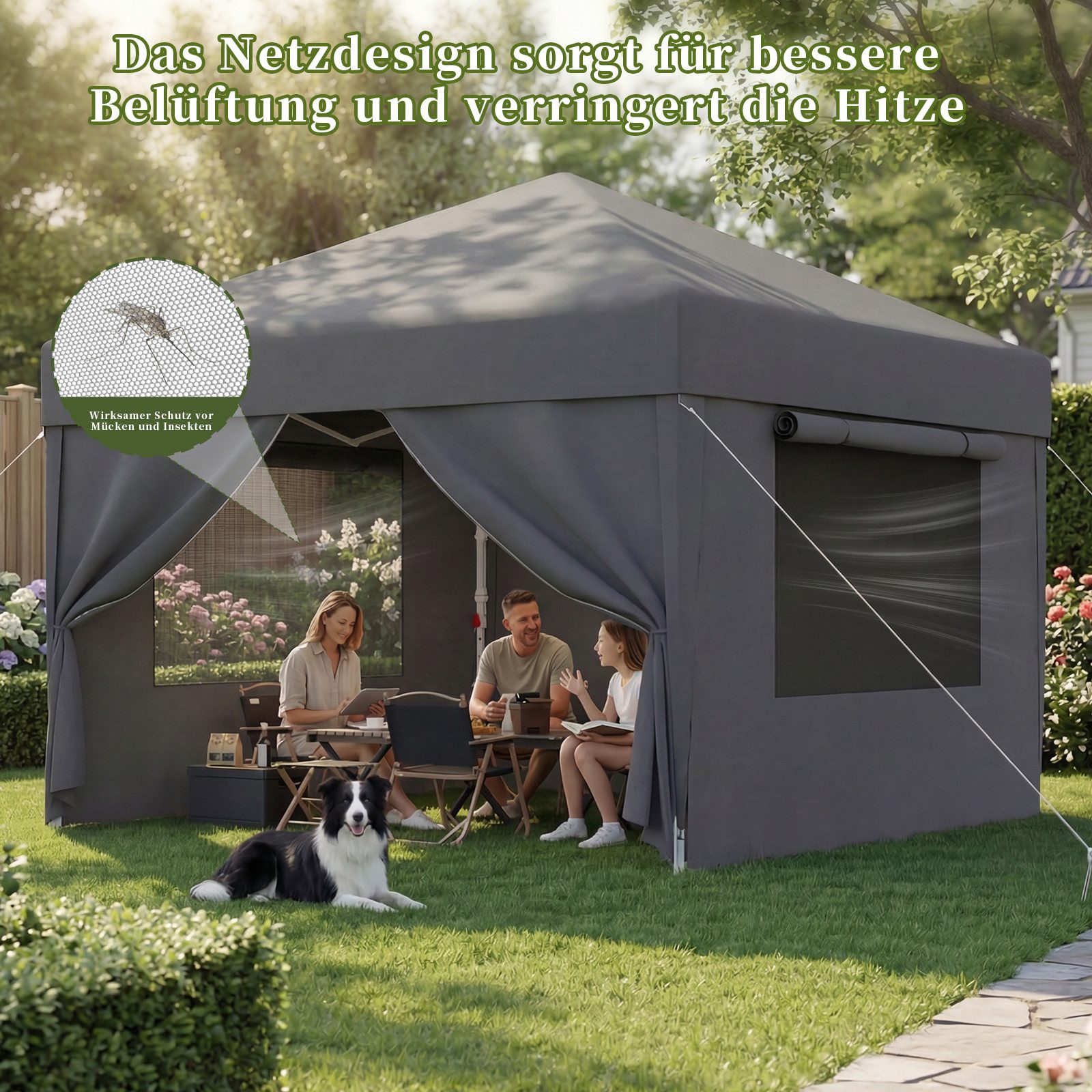 HOMALL Faltpavillon 3x3/3x6 m Gartenpavillon Höhenverstellbarer Pop Up Pavillon, mit 4 Seitenteilen, (Windfester Pavillon mit Seitenteilen und Tragetasche, für Garten Camping), Höhenverstellbar Gartenzelt mit mückennetz, UV-Schutz 50+