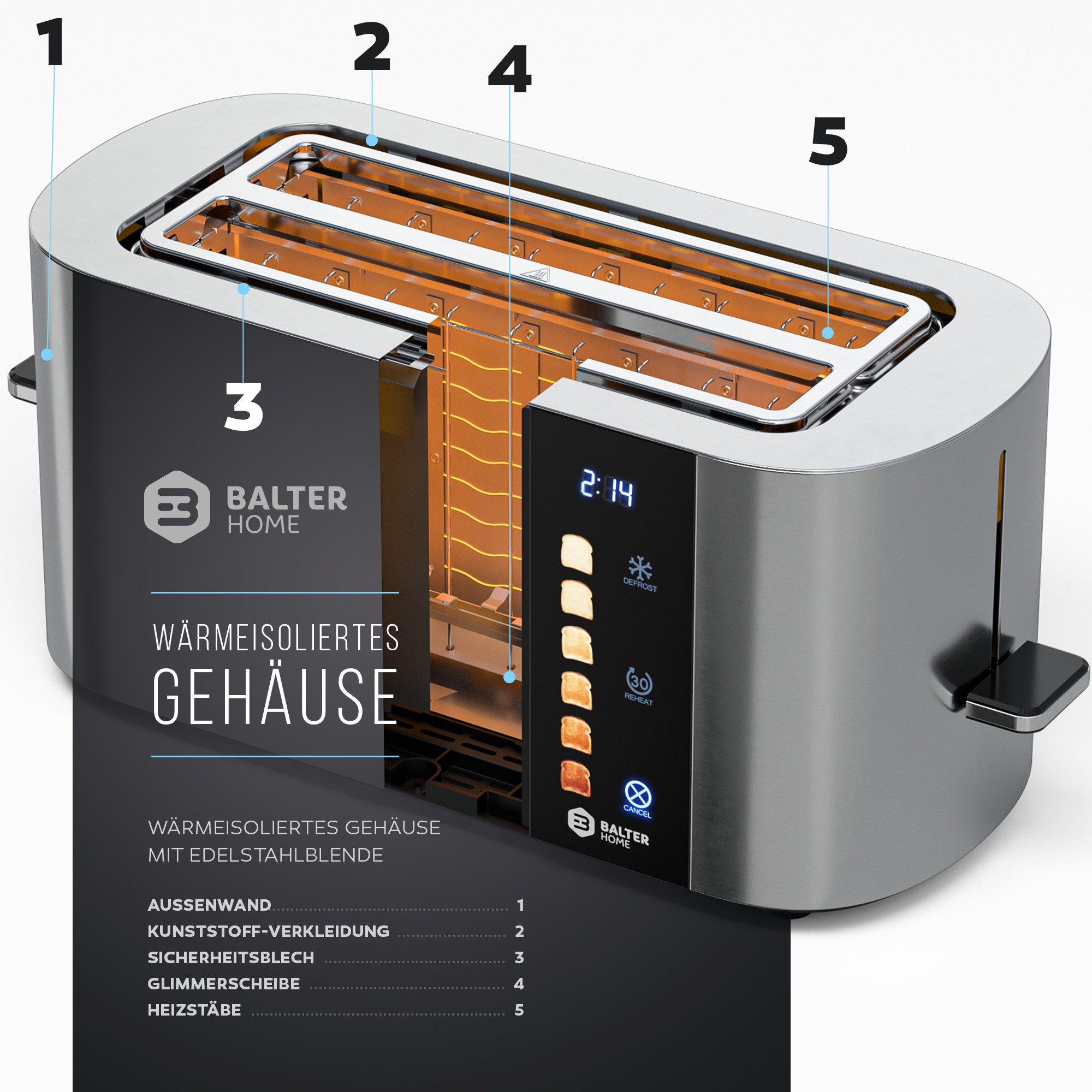 Balter Toaster 4 Scheiben, Langschlitz, Edelstahl, Brötchenaufsatz, TS-34, Langschlitz, für Sandwichtoast, 1500 W, Touch Screen, 2 lange Schlitze für 4 Scheiben, 1500 W, Brötchenaufsatz