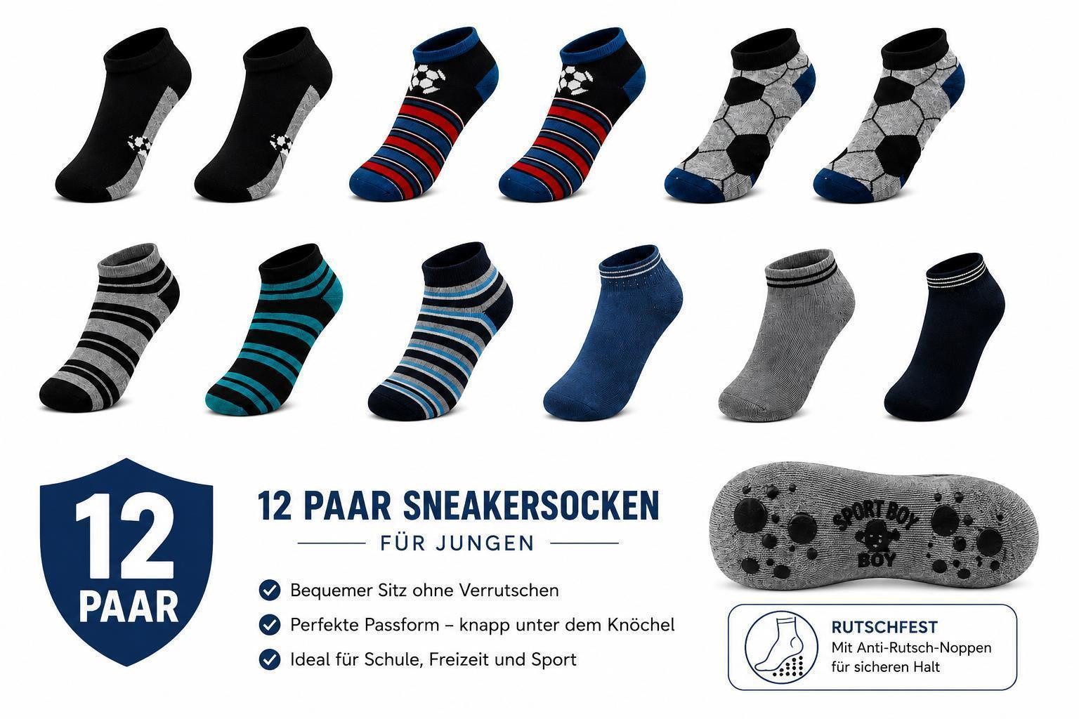Sneakersocken Kinder Sneaker Socken 12 Paar Antirutsch ABS Noppen Baumwolle