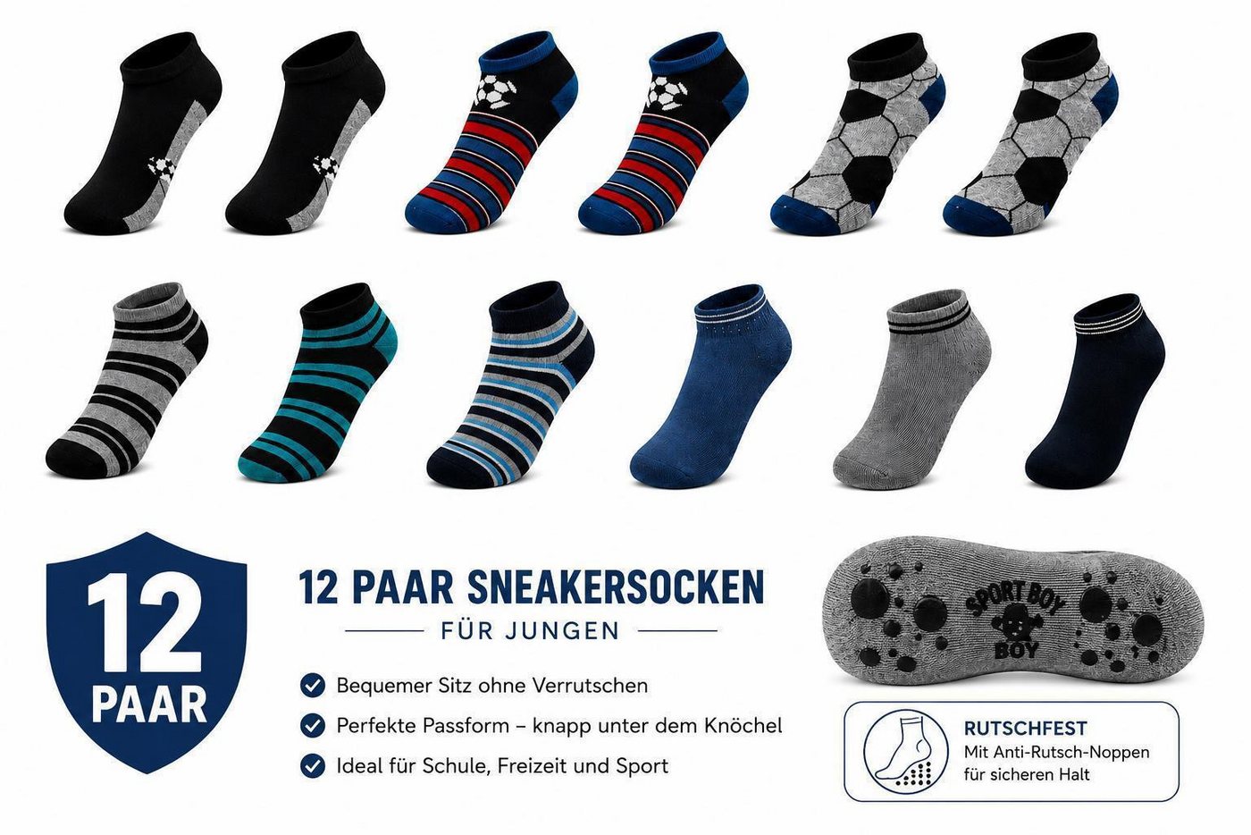 EloModa Sneakersocken Kinder Sneaker Socken 12 Paar Antirutsch ABS Noppen Baumwolle, (12-Paar) 12 Paar Kinder Sneaker Socken mit ABS Antirutsch-Noppen