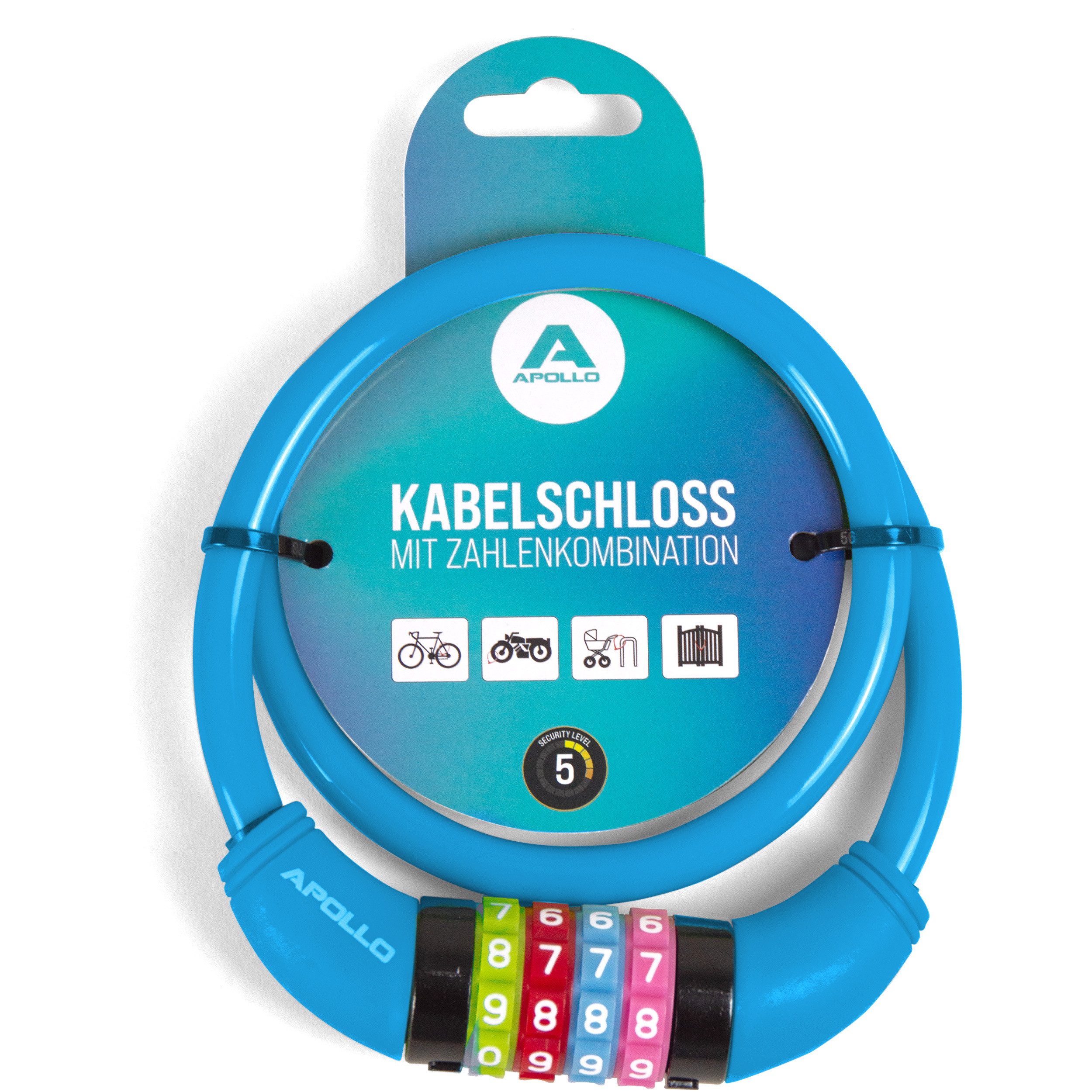 Apollo Zahlenkabelschloss Kinder Fahrradschloss – Zahlenschloss - auch für Scooter und Laufräder, 65 cm Länge, 300 g, 10.000 Kombinationen