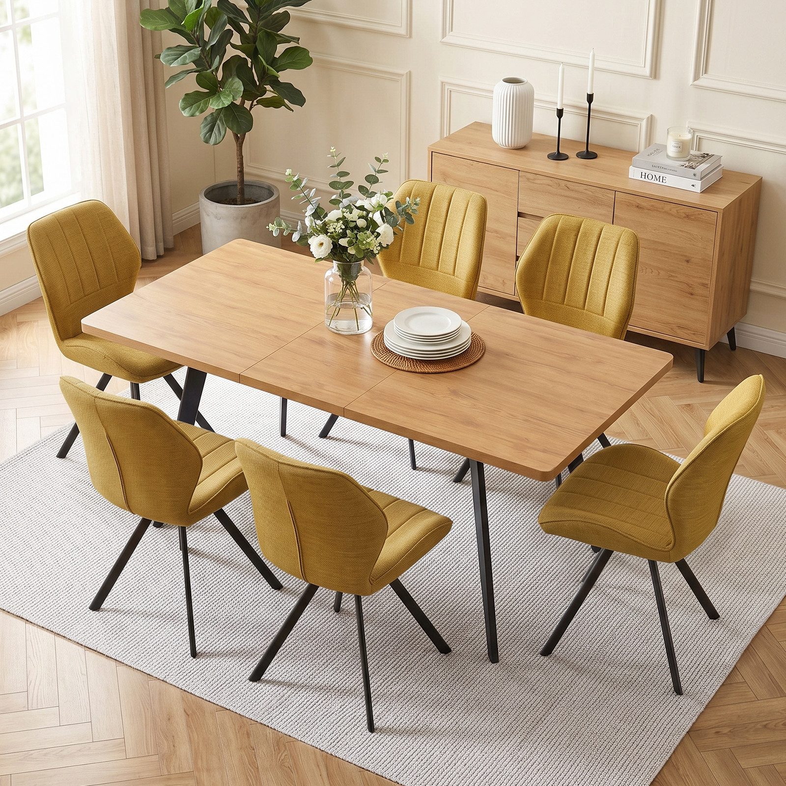 Jiexi Essgruppe Essgruppe Ausziehbar 140-180cm MDF Holzoptik & Leinen Stühle