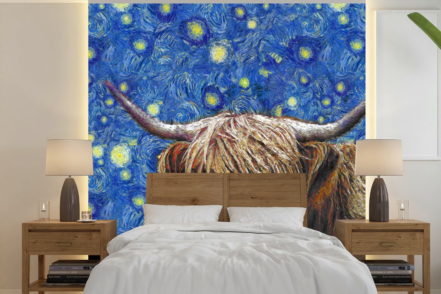 Sternennacht MuchoWow - (4 Highlander, St), Fototapete Schlafzimmer für Van Matt, Gogh Küche, Schottischer Fototapete Wohnzimmer bedruckt, Vliestapete -