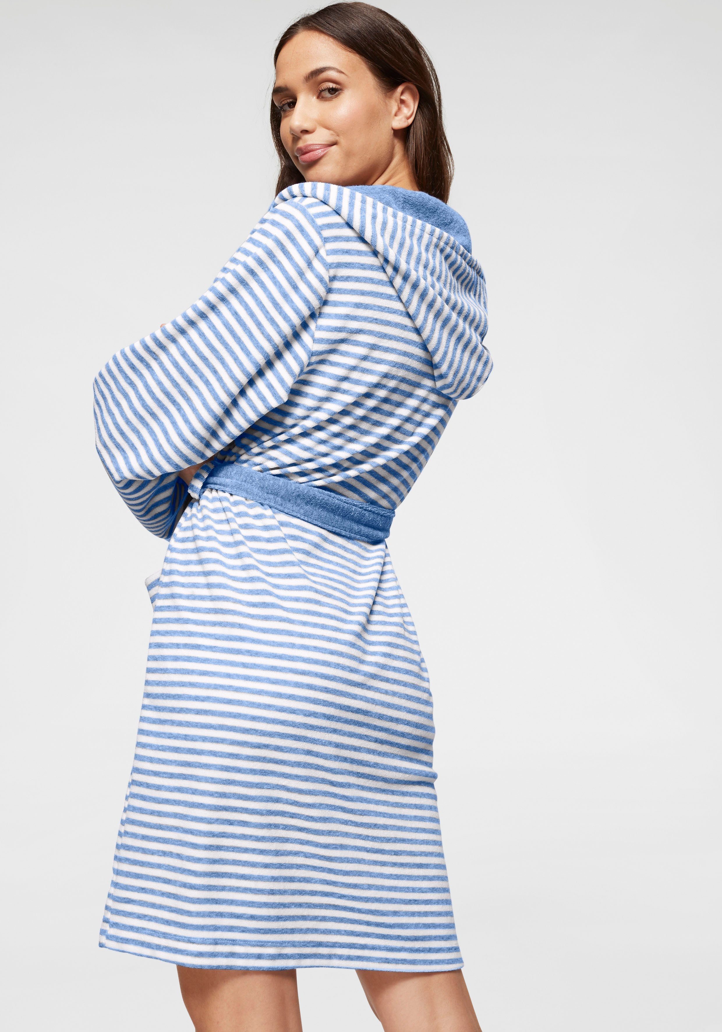 KangaROOS Damenbademantel Luana, ideal für Sauna & Spa, Hotelbademantel, Morgenmantel, Kurzform, Leichtfrottier, Kapuze, Gürtel, Streifen - Bademantel für Damen, gestreift, XS-3XL