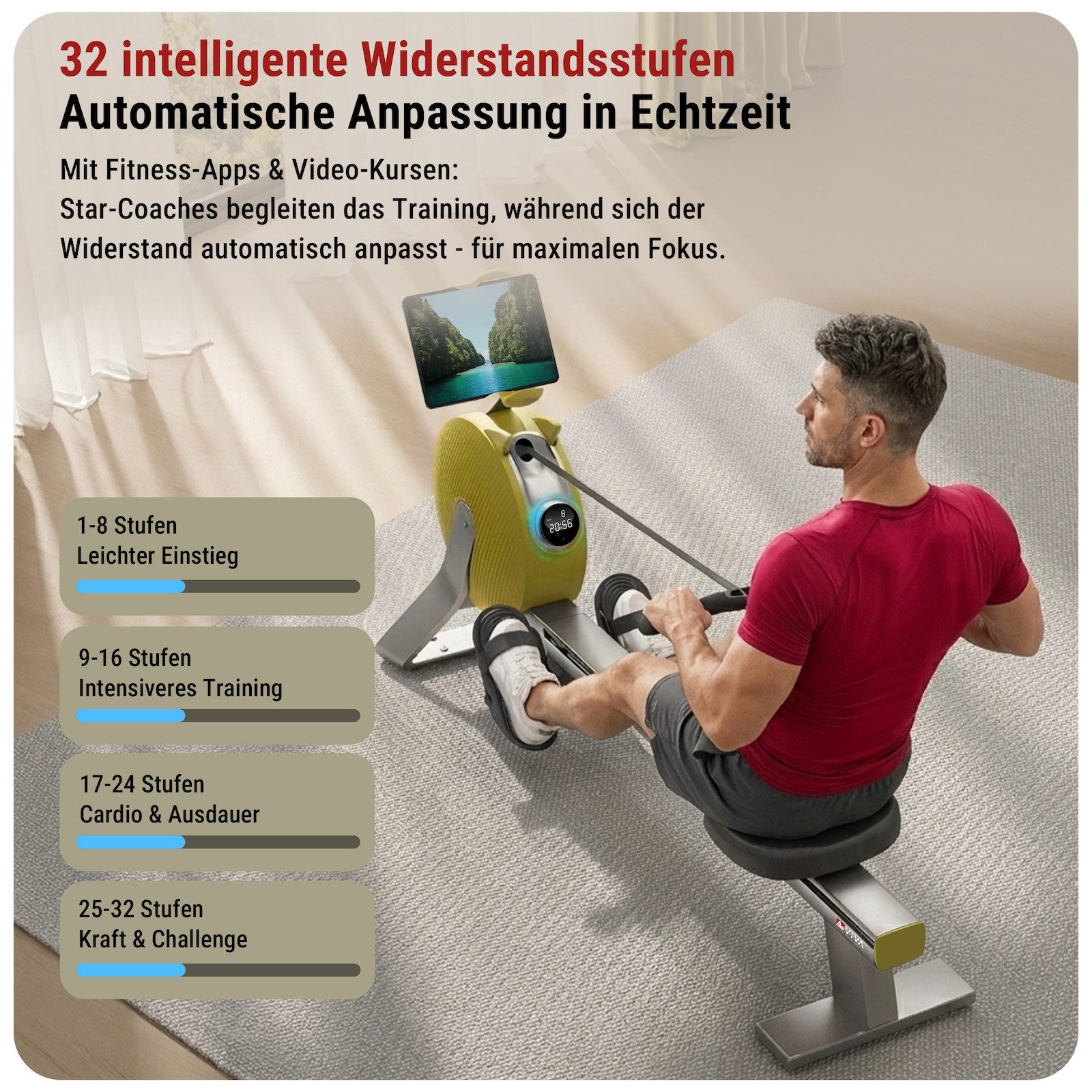 AsVIVA Rudergerät RA20 – Smartes Rudergerät mit Bluetooth-App & 32 Widerstandsstufen, Automatische Widerstandssteuerung, 32 Stufen