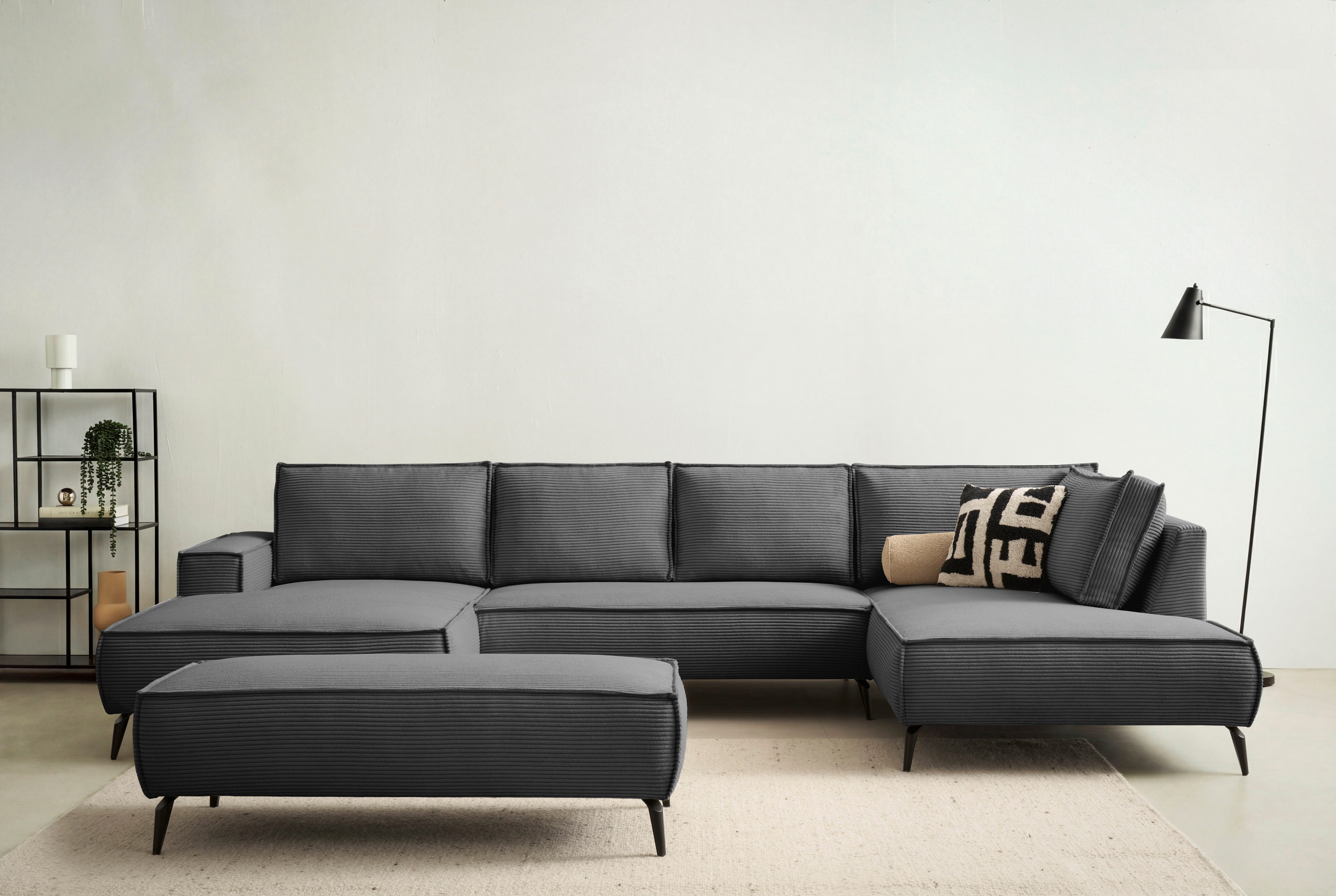 Home affaire Wohnlandschaft mit Hocker, TVINNU, moderne U-Form in Cord oder Leinenoptik, Set 2 Teile, Recamiere rechts/links, stellbar zum Schlafsofa (Krokodilverbinder)