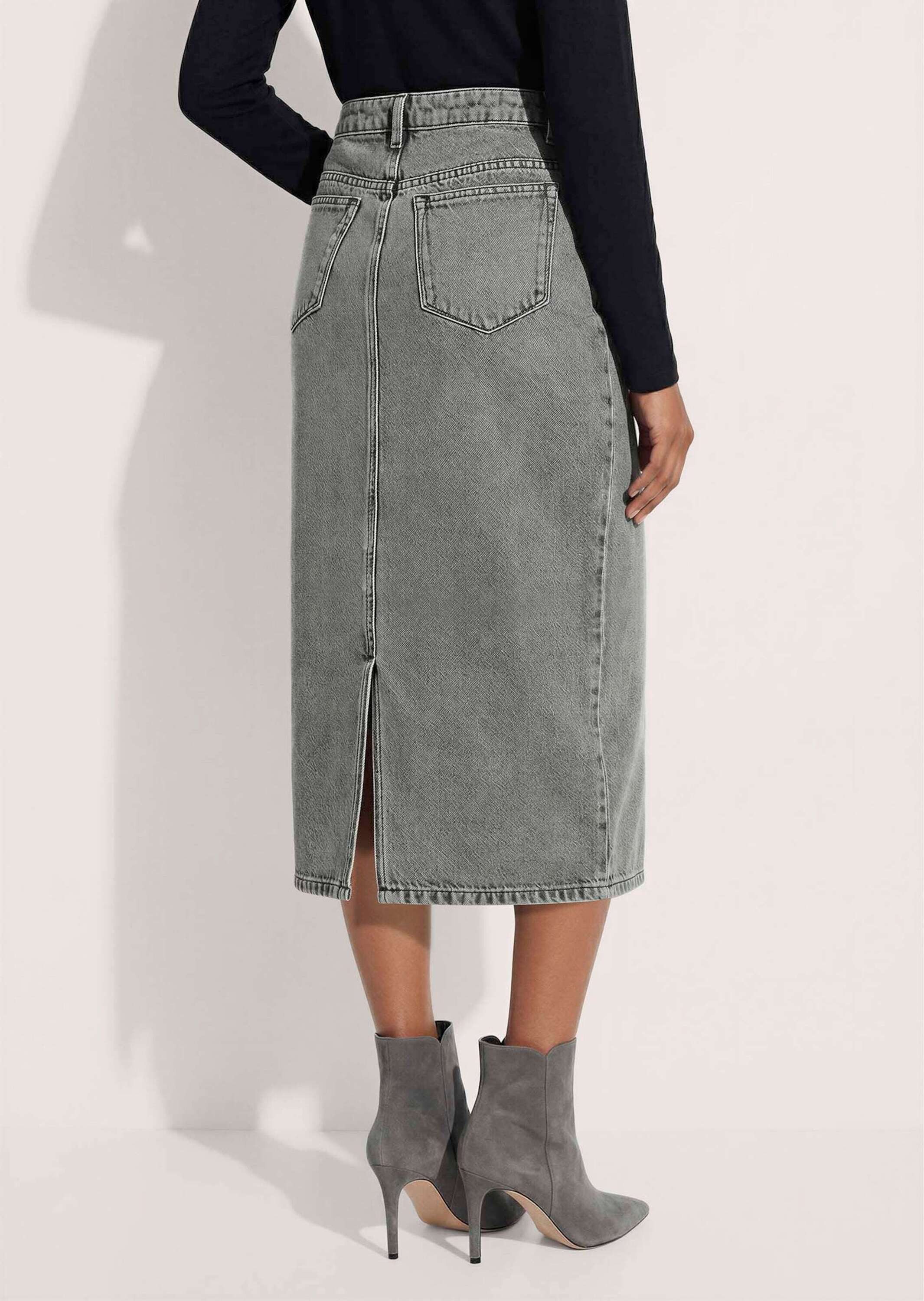 MADELEINE Maxirock Jeansrock mit verzierten Taschen 5-Pocket-Style mit M-Logo-Knopf, Nieten & Gehschlitz