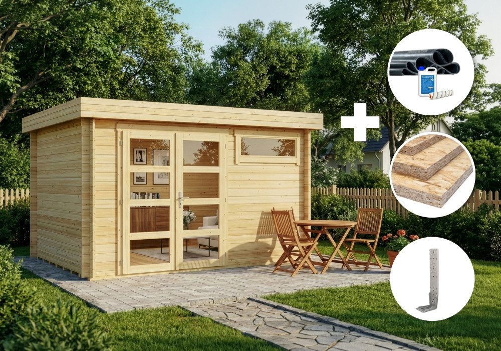Alpholz Gartenhaus Holz Set - Leandro, BxT: 394x268 cm, (Set), in Naturbelassen Inkl. Fußboden & Dacheindeckung