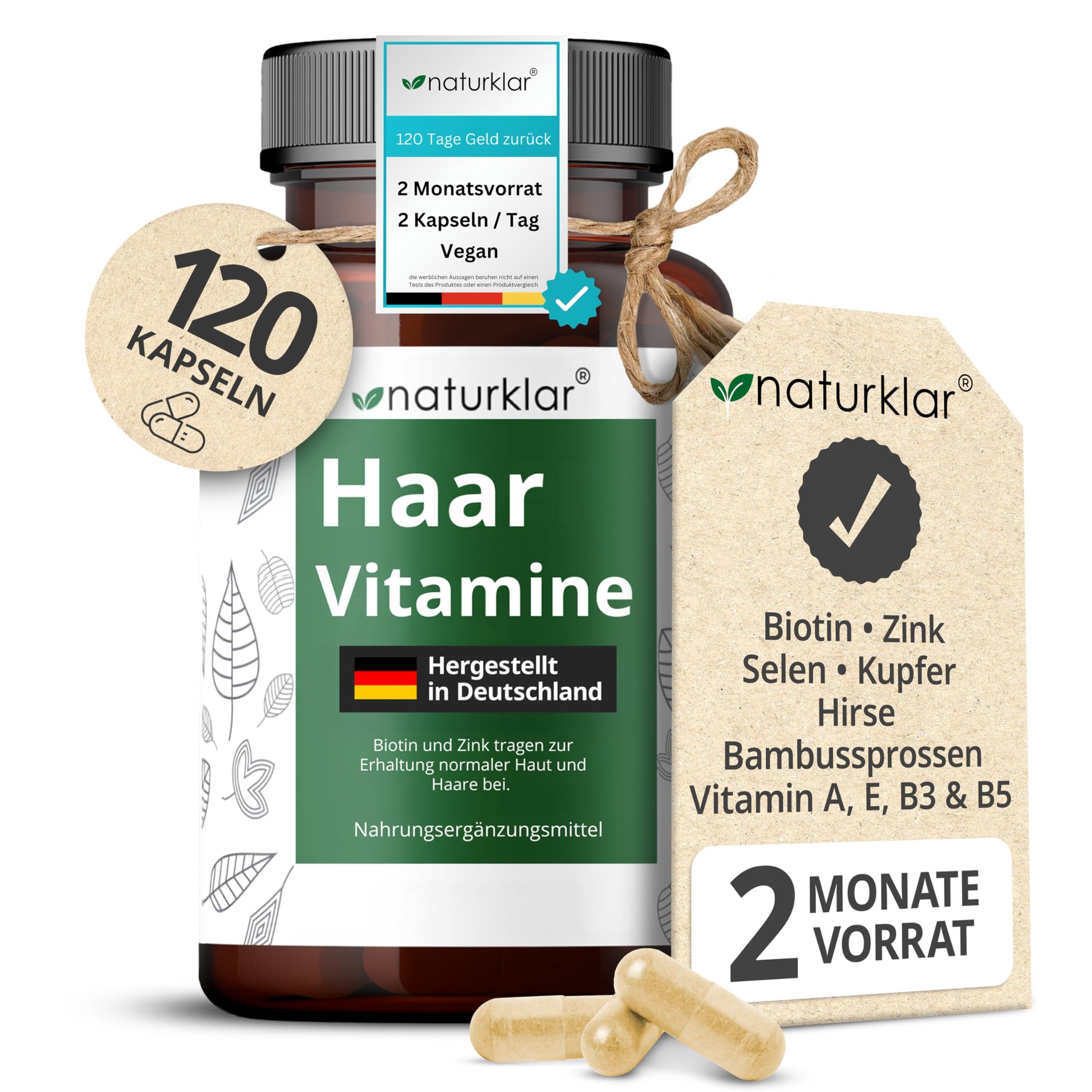 Naturklar Haar-Vitamine - 10-Fach Kombi - mit Biotin Zink Selen für Haare Kapseln, Hirseextrakt, Silizium, Kupfer, B-Vitaminenи больше à 120 St., 45 g
