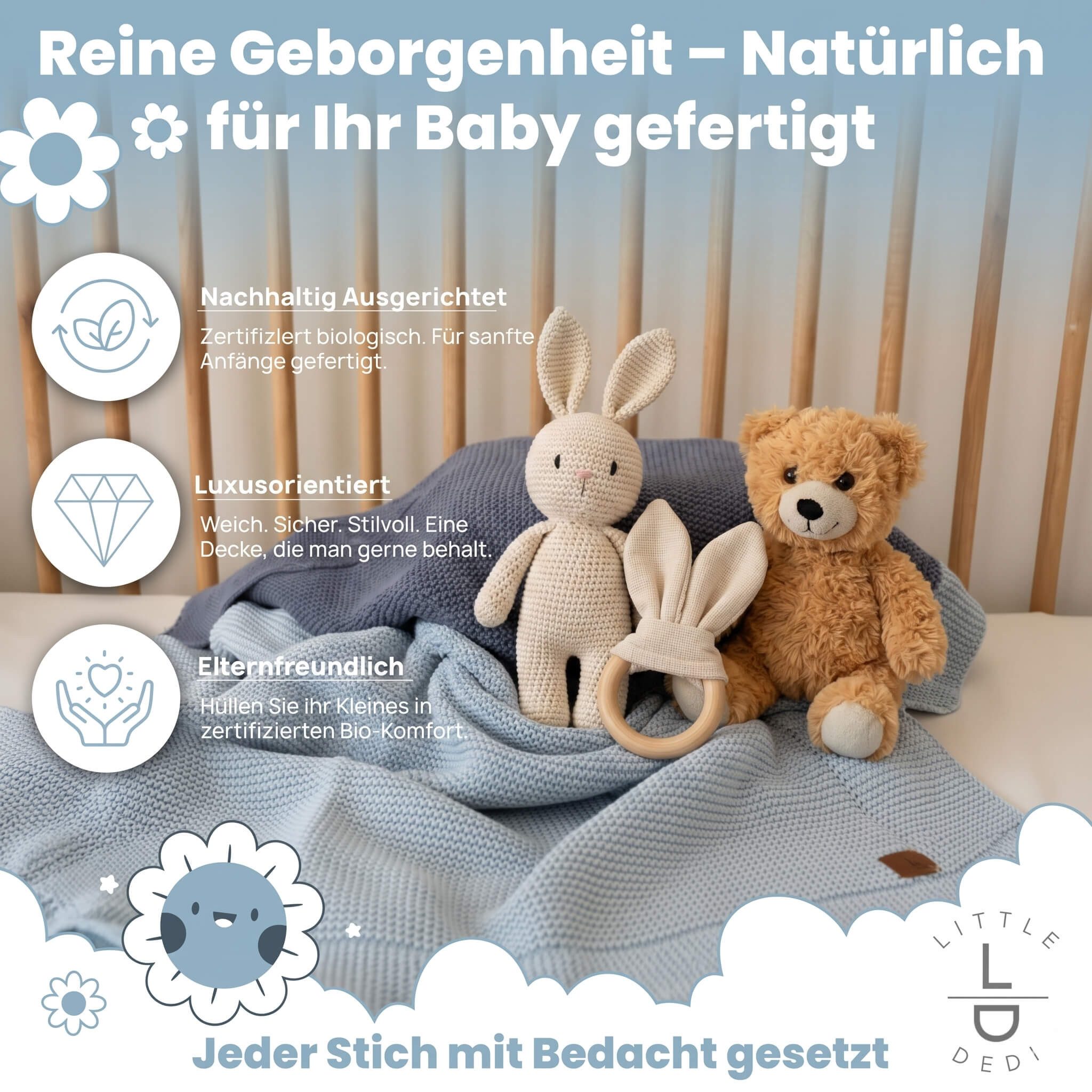 Babydecke Baby Strickdecke, %100 Bio Baumwolle, Atmungsaktiv, 80x100cm, Babyblau, Little Dedi