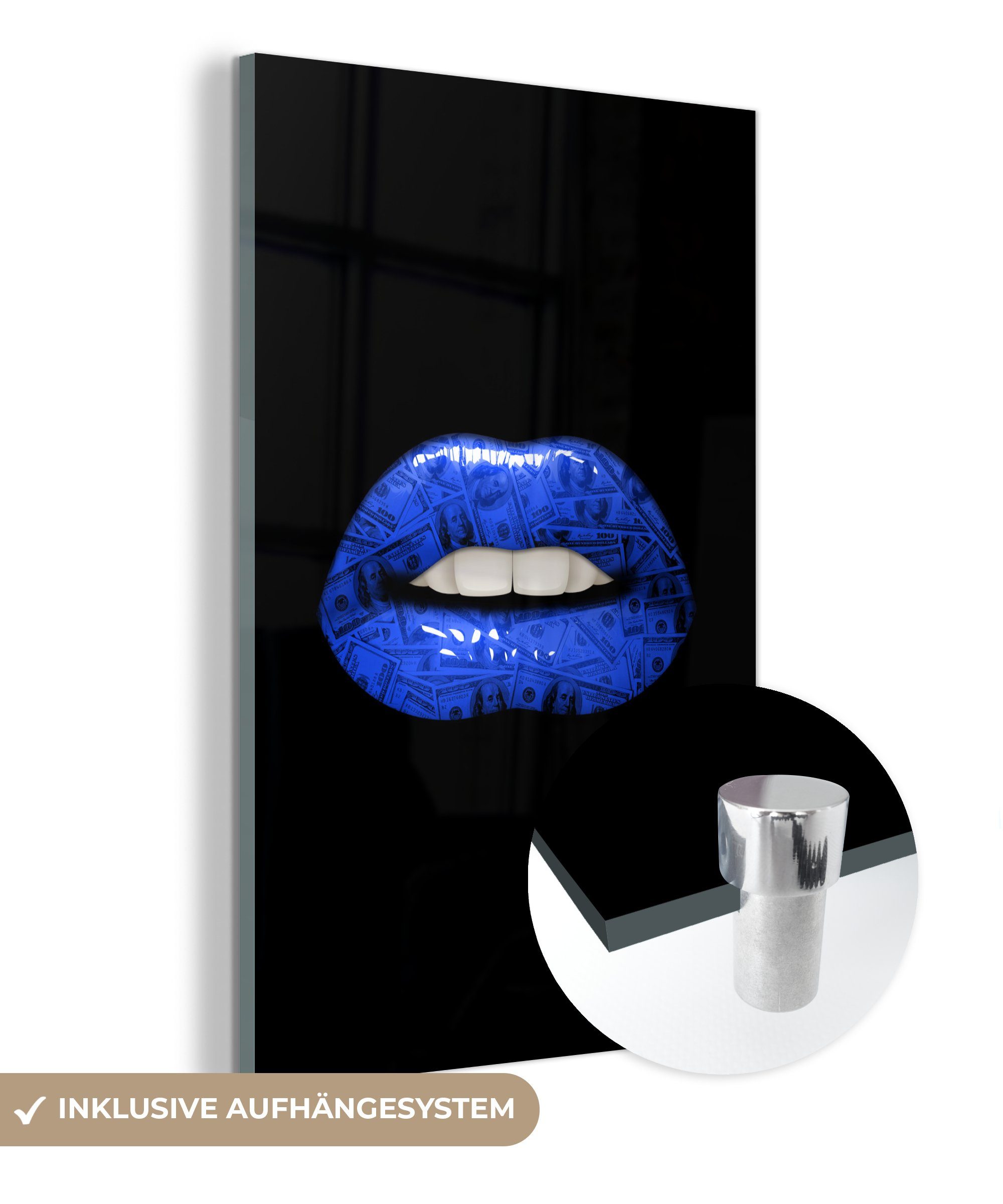 MuchoWow Acrylglasbild Lippen - Geld - Blau, (1 St), Glasbilder - Bilder auf Glas Wandbild - Foto auf Glas - Wanddekoration