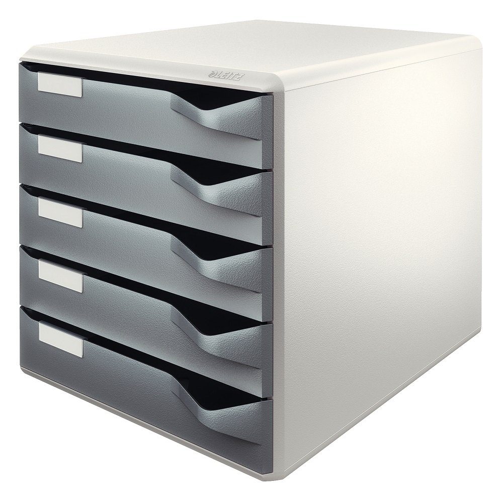 LEITZ Schubladenbox 3 Schubladensicherung dunkelgrau/lichtgrau, 5 Schubladenbox mit 1 Sets), zu (bis Schubladen Schubladenstopp, - Stapelbar
