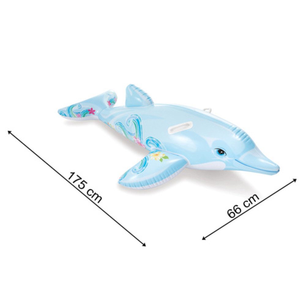 Intex Luftmatratze Aufblasbare Delfin-Schwimmmatratze, (Spar-Set, 1-St., 2 stabile Griffe), Ein selbstklebender Flicken ist im Set enthalten