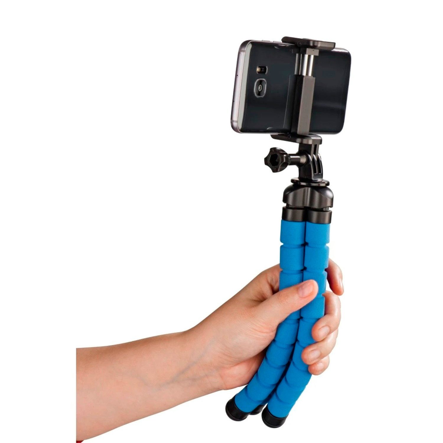 Hama Flex Flexibles Mini-Stativ 26cm Tripod Blau Kamerastativ (Beine mit 360°-Biegung Smartphone-Halterung und für GoPro ActionCam)