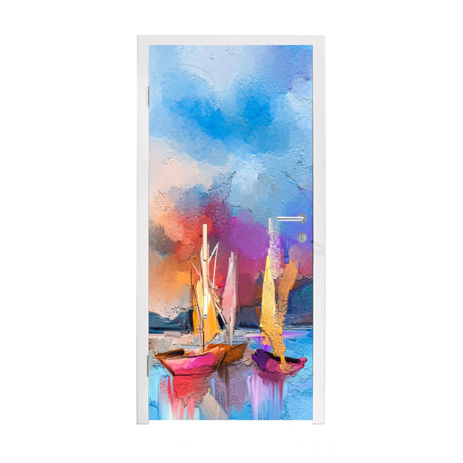 MuchoWow Türtapete Malerei - Boote - Wasser, Matt, bedruckt, (1 St), Fototapete für Tür, Türaufkleber, 75x205 cm