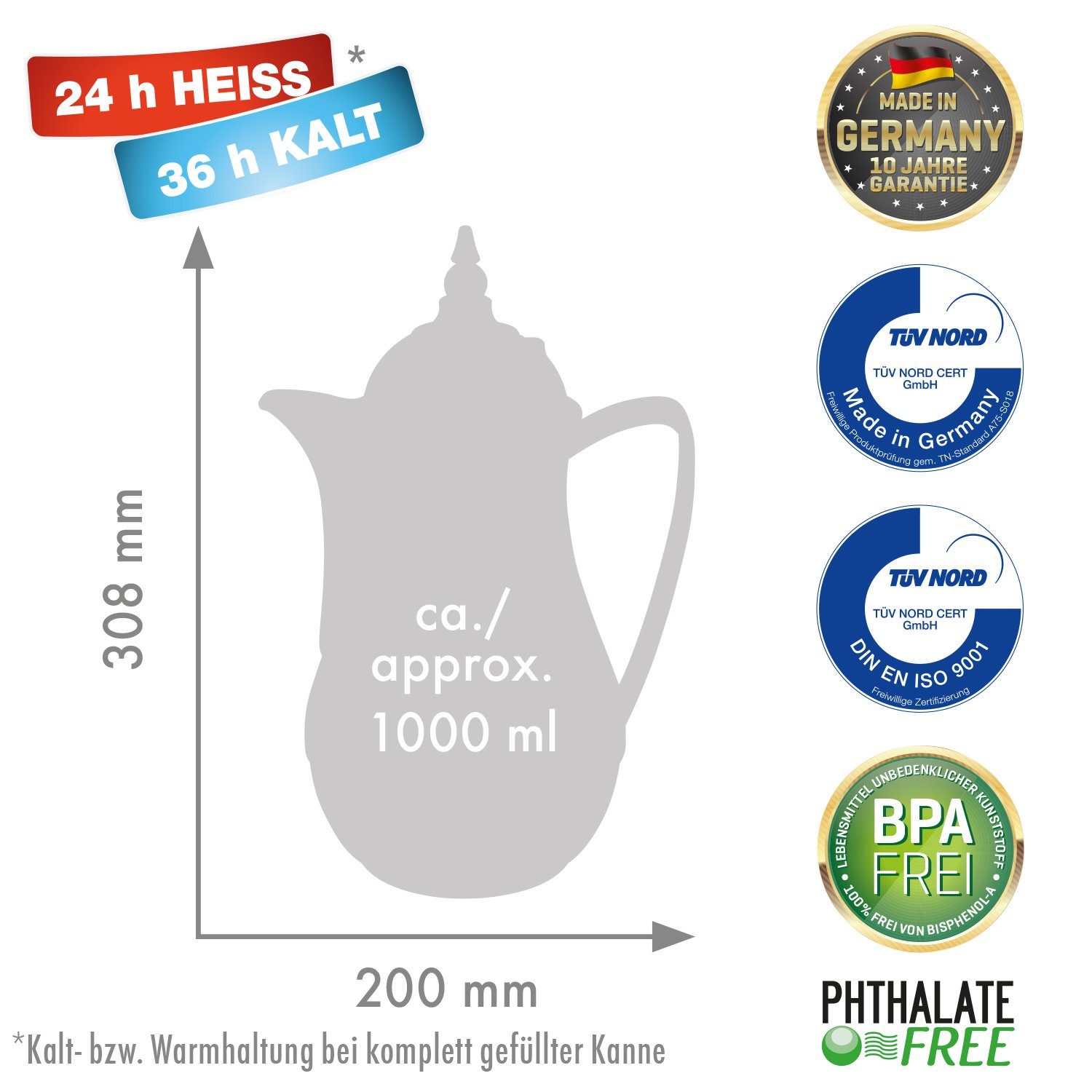 ROTPUNKT Isolierkanne 1,0 ltr. hochwertig I Glaseinsatz I Thermo I 24 std warm 36 Std kalt, 1 l, (Kaffeekanne I Teekanne, 911 black/bottlepop), Glaskolben aus doppelwandigem Rosalin-Glas