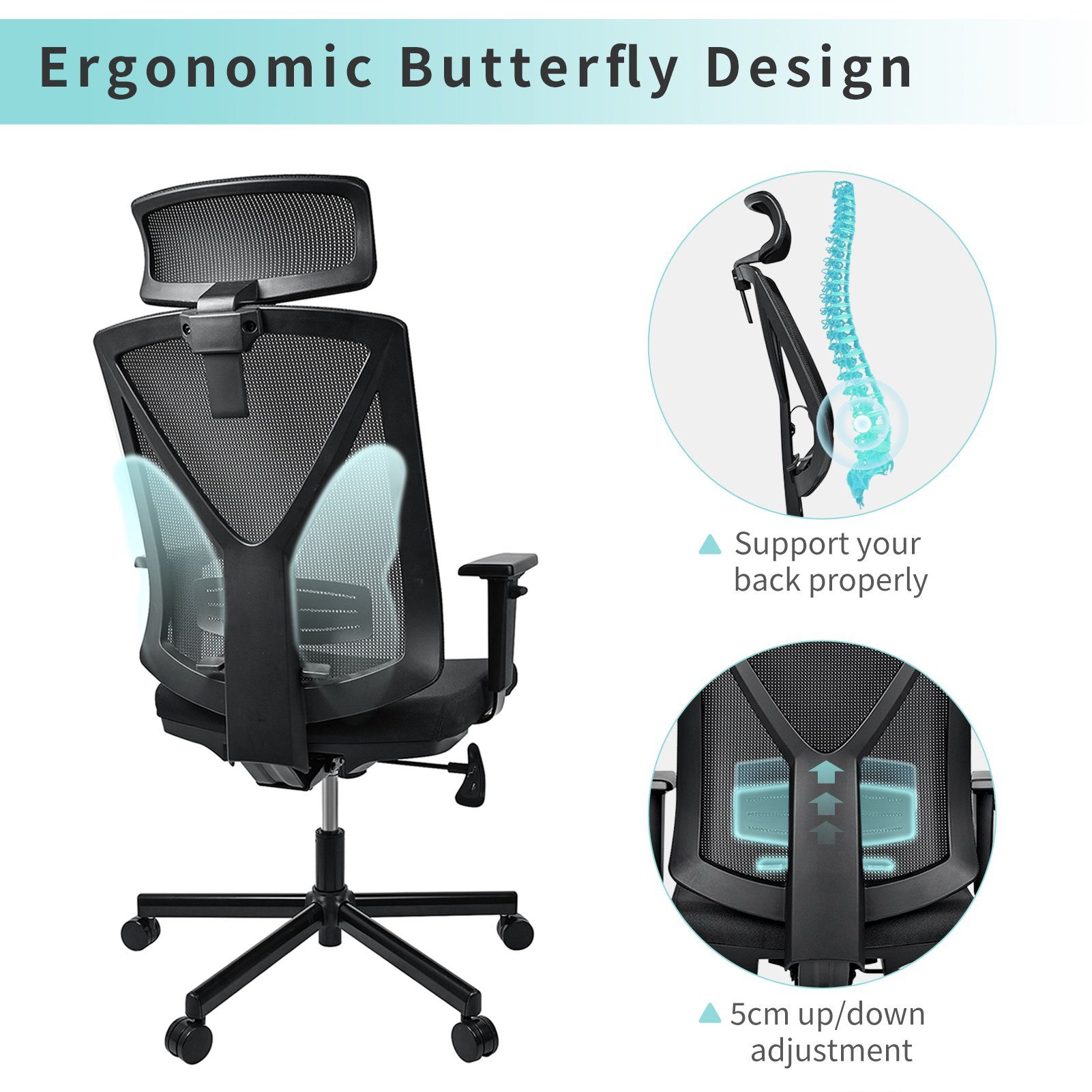 ergonomischer 150kg Verstellbare Armlehnen belastbar hoher Rückenlehne,bis Bürostuhl Rückenlehne, und Drehstuhl mit Schreibtischstuhl, BASETBL Kopfstütze,