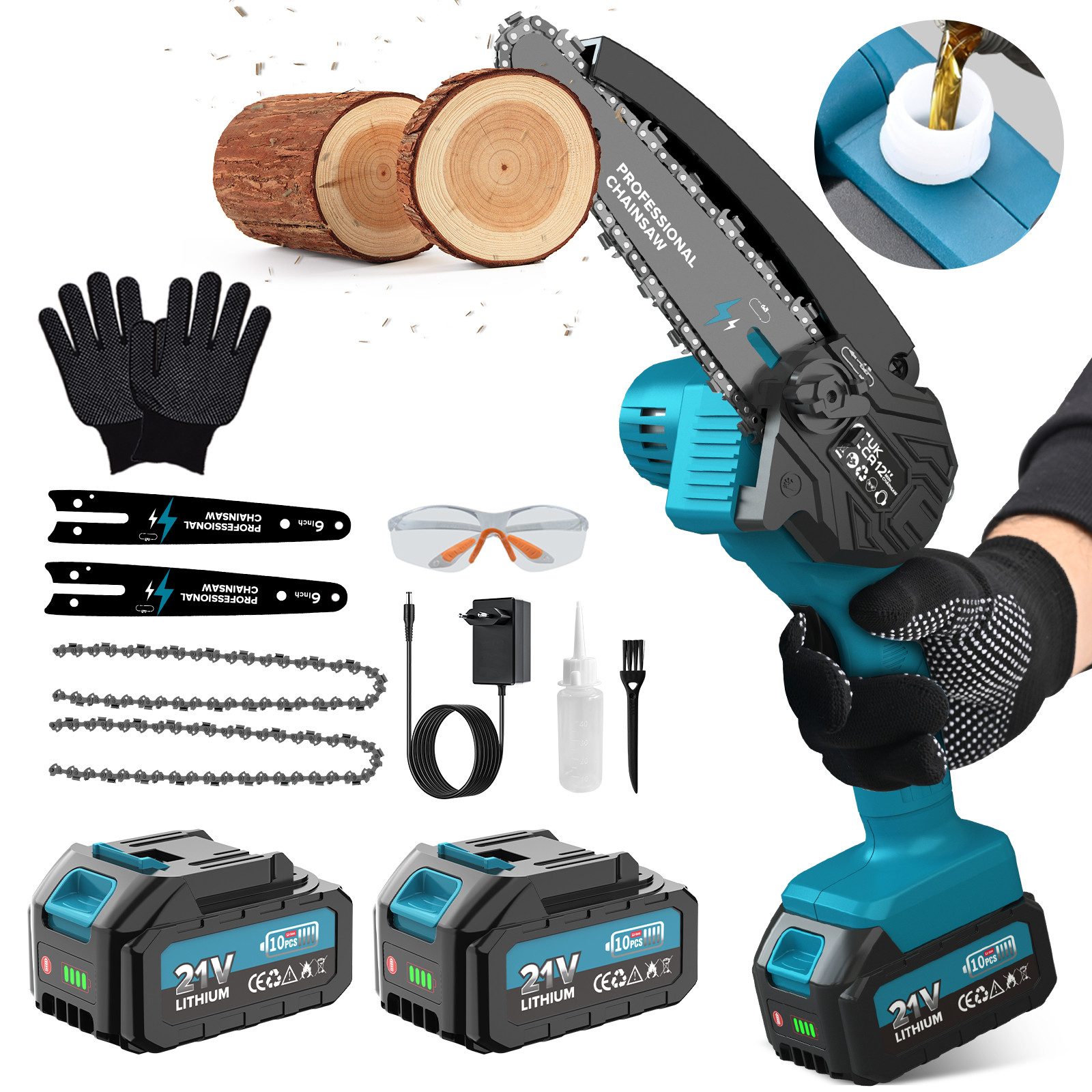 Rinoxar Akku-Kettensäge 6 Zoll Mini Akku-Kettensäge,8000mAh 900W Motorsäge Handkettensäge