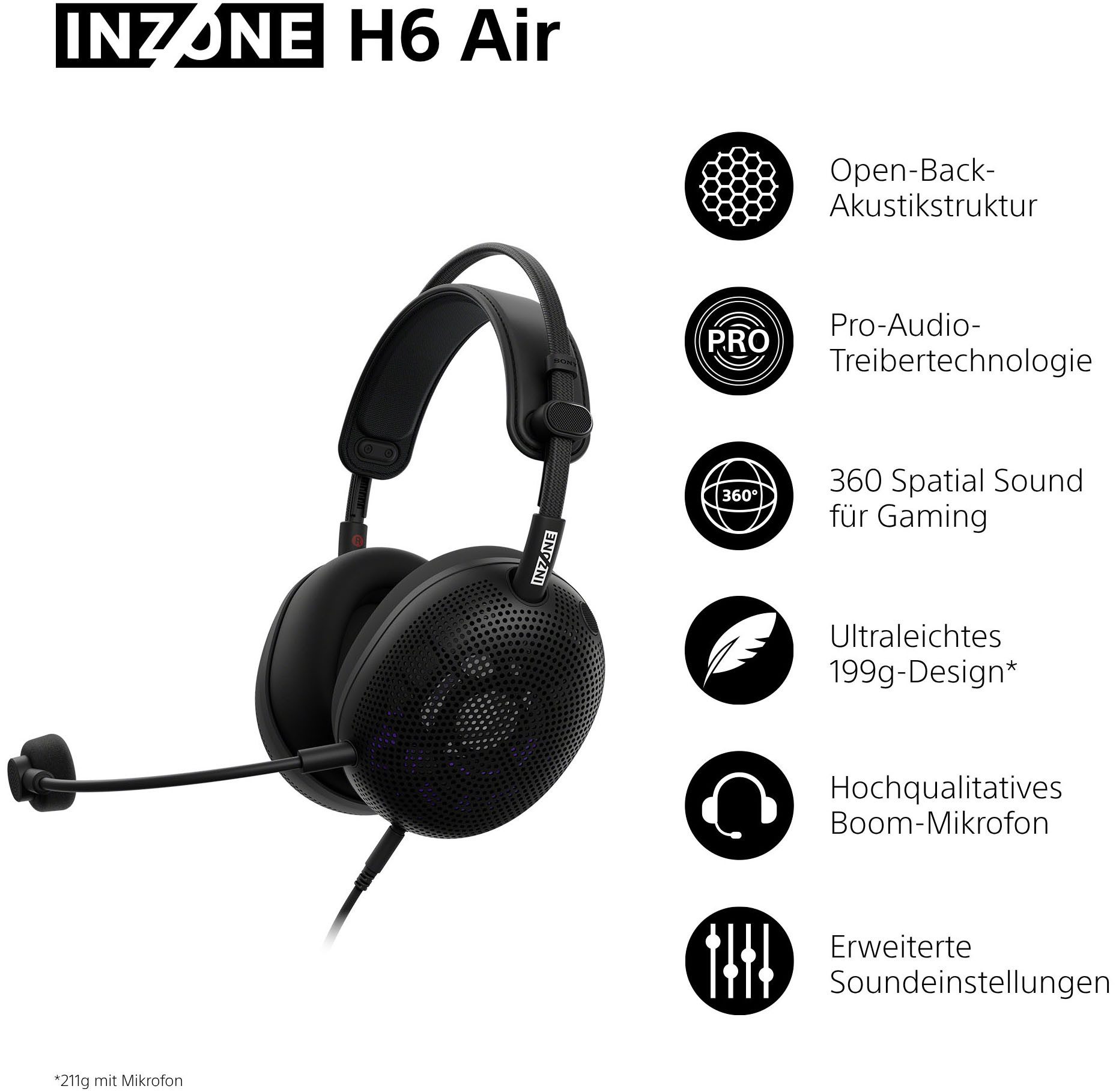 Sony INZONE H6 Air Gaming-Headset (Stummschaltung, 360 Spatial Sound, leichtes 199-g-Design, abnehmbares Bügelmikrofon)