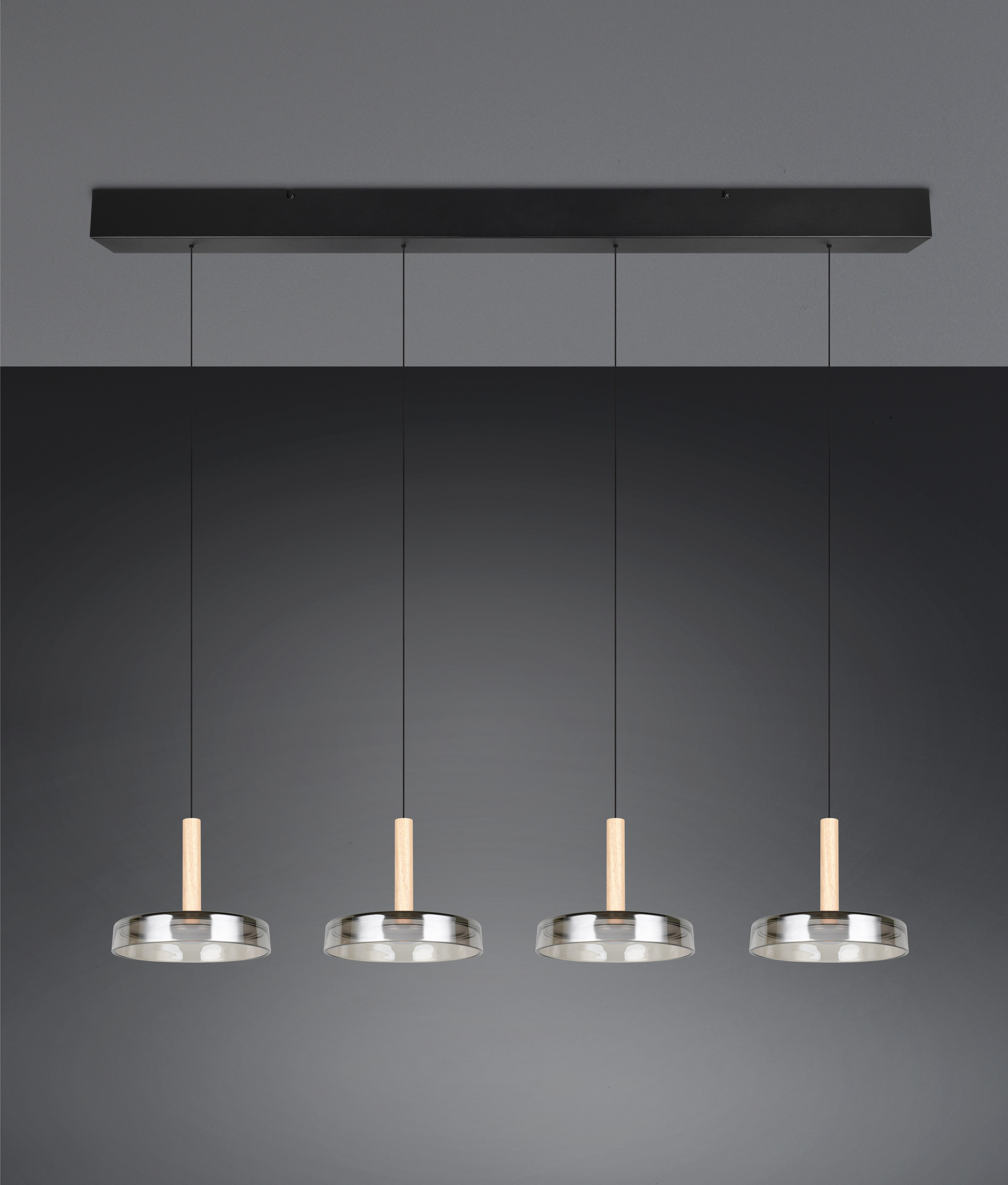 TRIO Leuchten LED Pendelleuchte CELESTE dimmbare LED Hängelampe aus Metall Glas & Holz, 7,5W 750 Lumen, Dimmfunktion, LED fest integriert, Warmweiß, 4-flammig einfach höhenverstellbar von 50-200 cm 3-Stufen Dimmfunktion