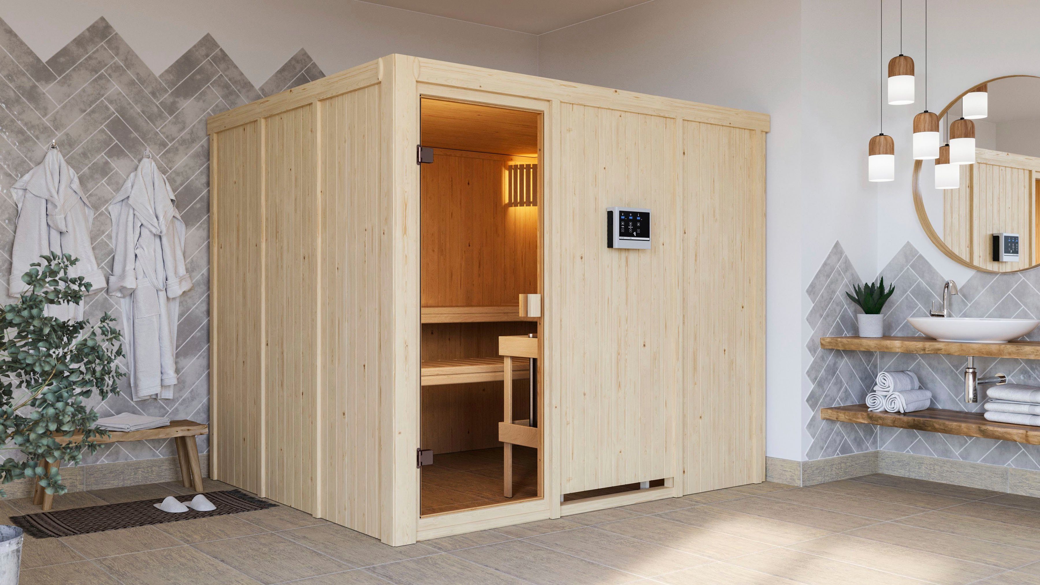 Karibu Sauna Nybro, BxTxH: 2310 x 1960 x 1980 cm, 68 mm, Ofen 9 KW externe Strg easy