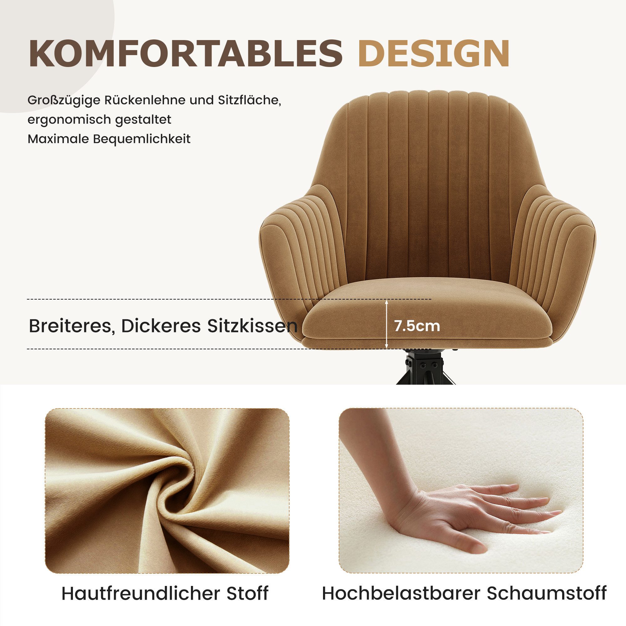HawthyHome Esszimmerstuhl 2er Set mit Armlehne & Metallbeinen, Samt Polsterstuhl, 360° Drehbar (2 St), 360° Drehbar, Höheneinstellbar – Bild 4 von 5