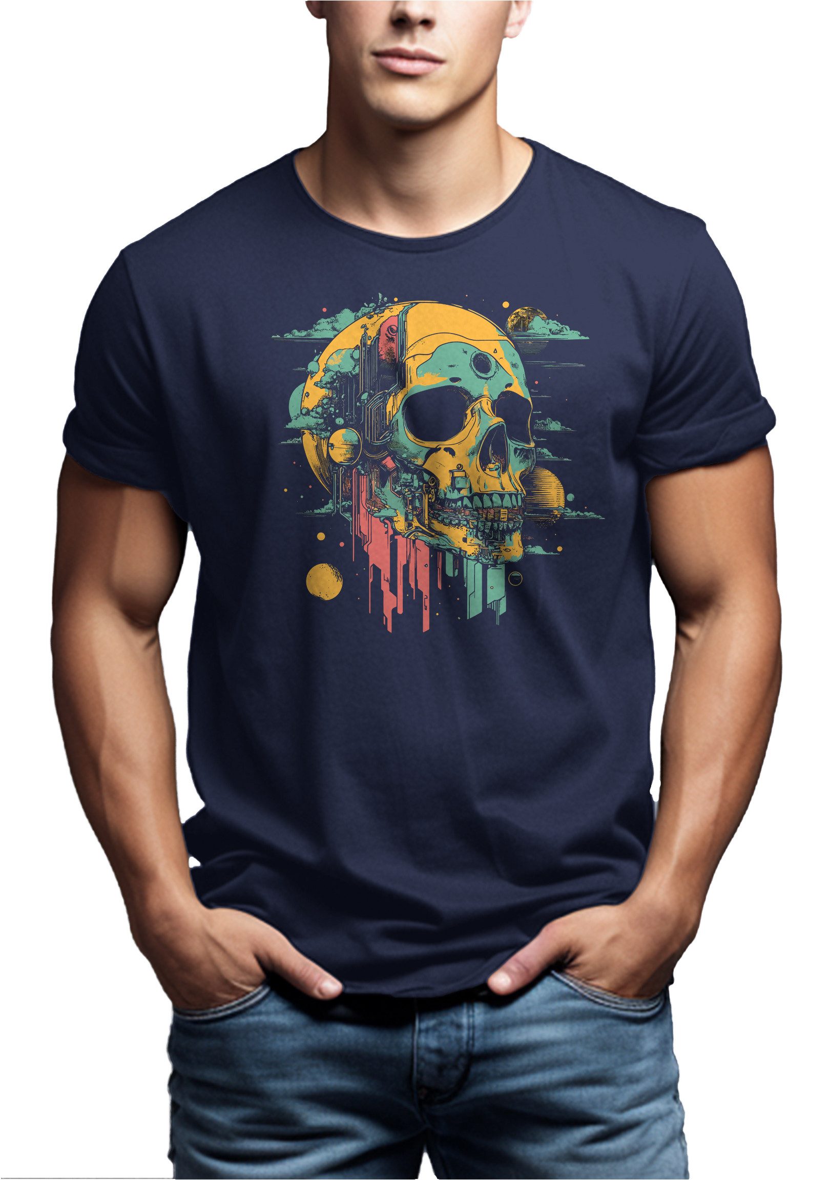 MAKAYA T-Shirt Herrenshirt mit Totenkopf Design - Tattoo Funshirt für Rockfans (Schwarz, Blau, Grün, Blaugrau, Grau, S, M, L, XL, XXL, 3XL, 4XL, 5XL) Baumwolle