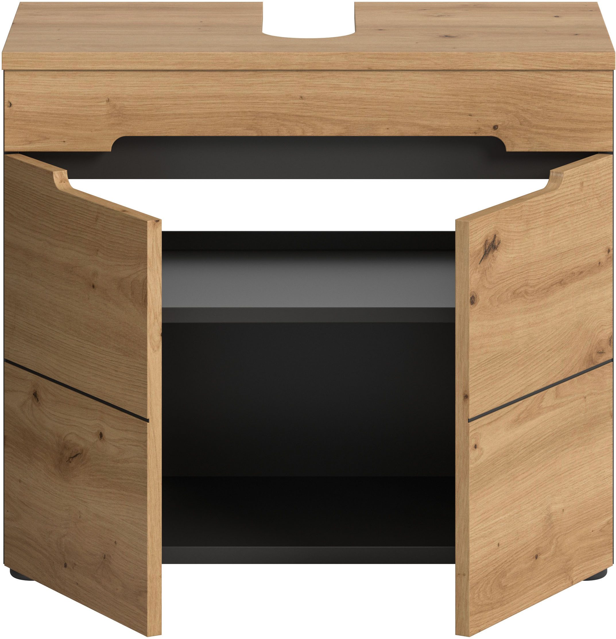 welltime Waschbeckenunterschrank REHAT, Breite 63 cm, 2 Türen, Einlegeboden, mit Siphonausschnitt Soft-Close-Funktion, eingefasste Griffaussparung in der Front – Bild 4 von 5