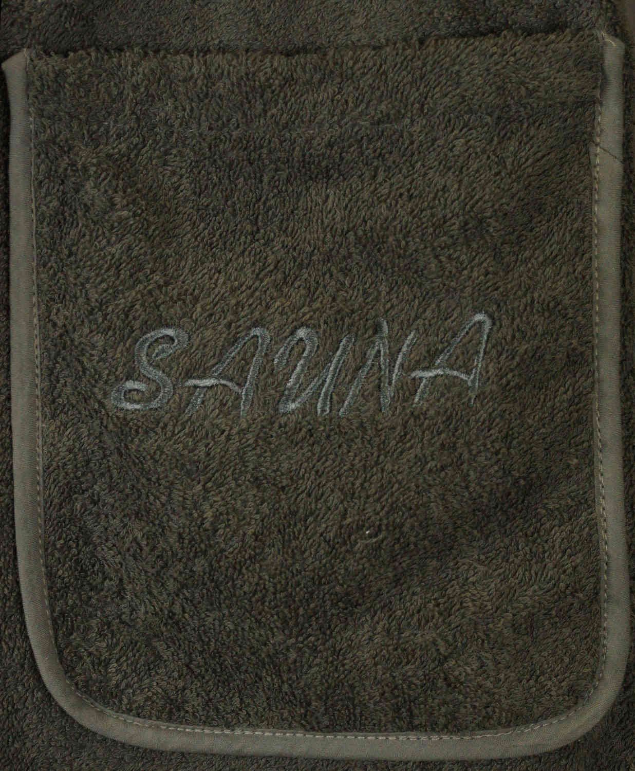 3-Teilig Saunatuch, (3-St), Sauna dehnbarer mit Saunakilt aufgesetzte Bund, „Sauna“ Saunatuch HEIMTEXTIL dunkelgrau EXKLUSIV Klettverschluss, Set Frottee Frottee Tasche Stickerei