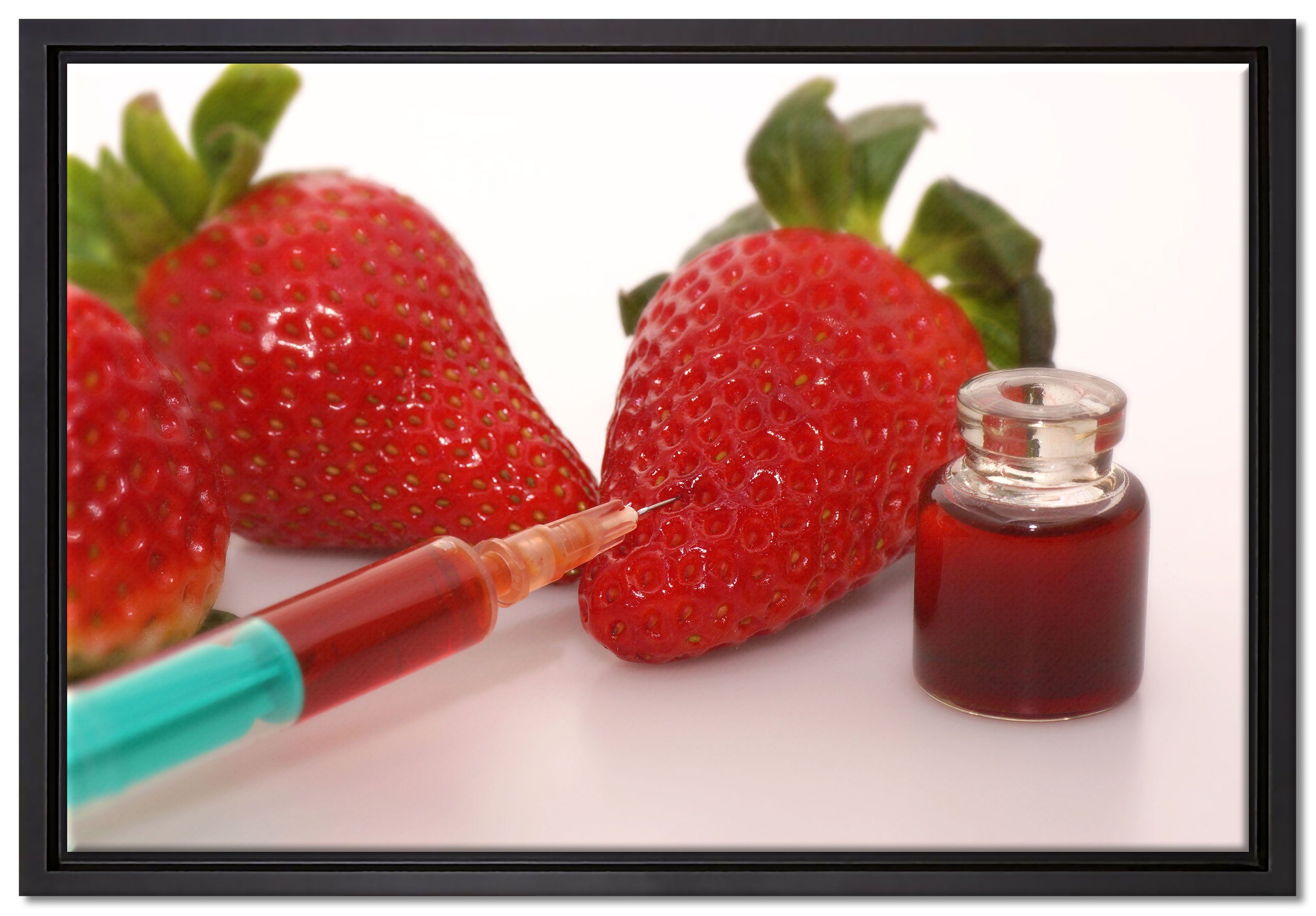 Leinwandbild Schattenfugen-Bilderrahmen Erdbeeren in Wanddekoration (1 mit Zackenaufhänger Lebensmittelfarbe, St), Leinwandbild einem gefasst, inkl. fertig bespannt, Pixxprint