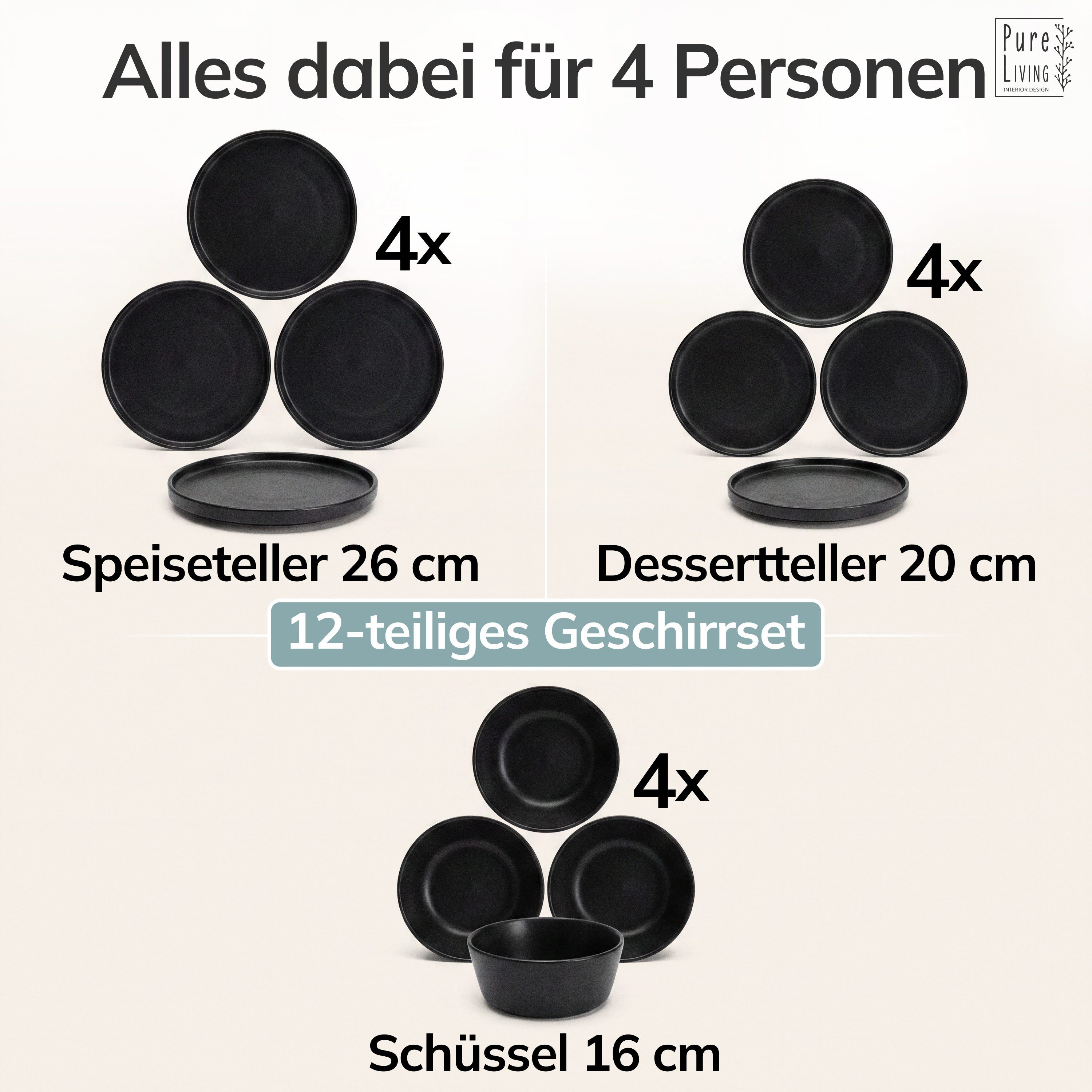 PURE LIVING INTERIOR DESIGN Geschirr-Set Manhattan aus Steingut, 12-tlg., für 4 Personen, Schwarz (12-tlg), 4 Personen, Steingut – Bild 5 von 5