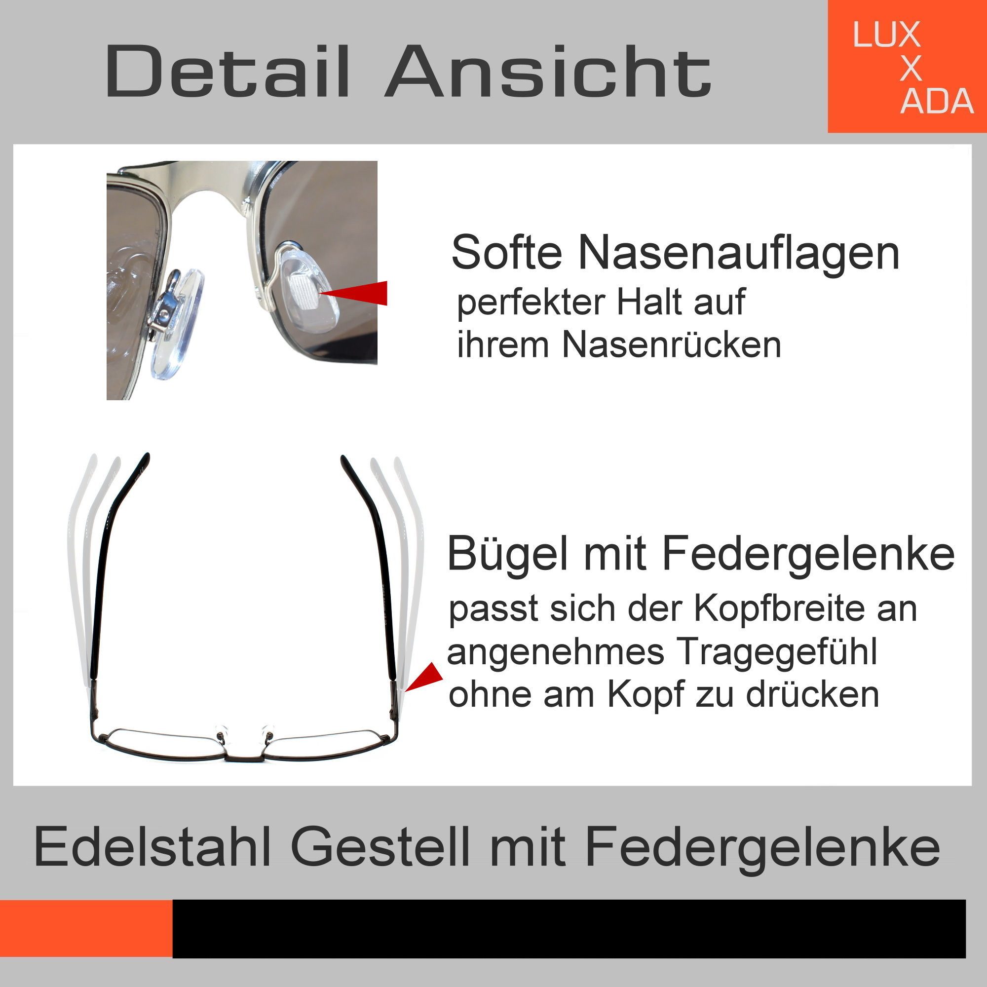 Rennec Sonnenbrille (Markenbrille mit Brillenbox und Brillenbeutel, schmale Metall Sonnenbrille Edelstahl mit Federscharniere) Halbrand Brille mit Federgelenke Blau Verspiegelt oder Schwarz Getönt