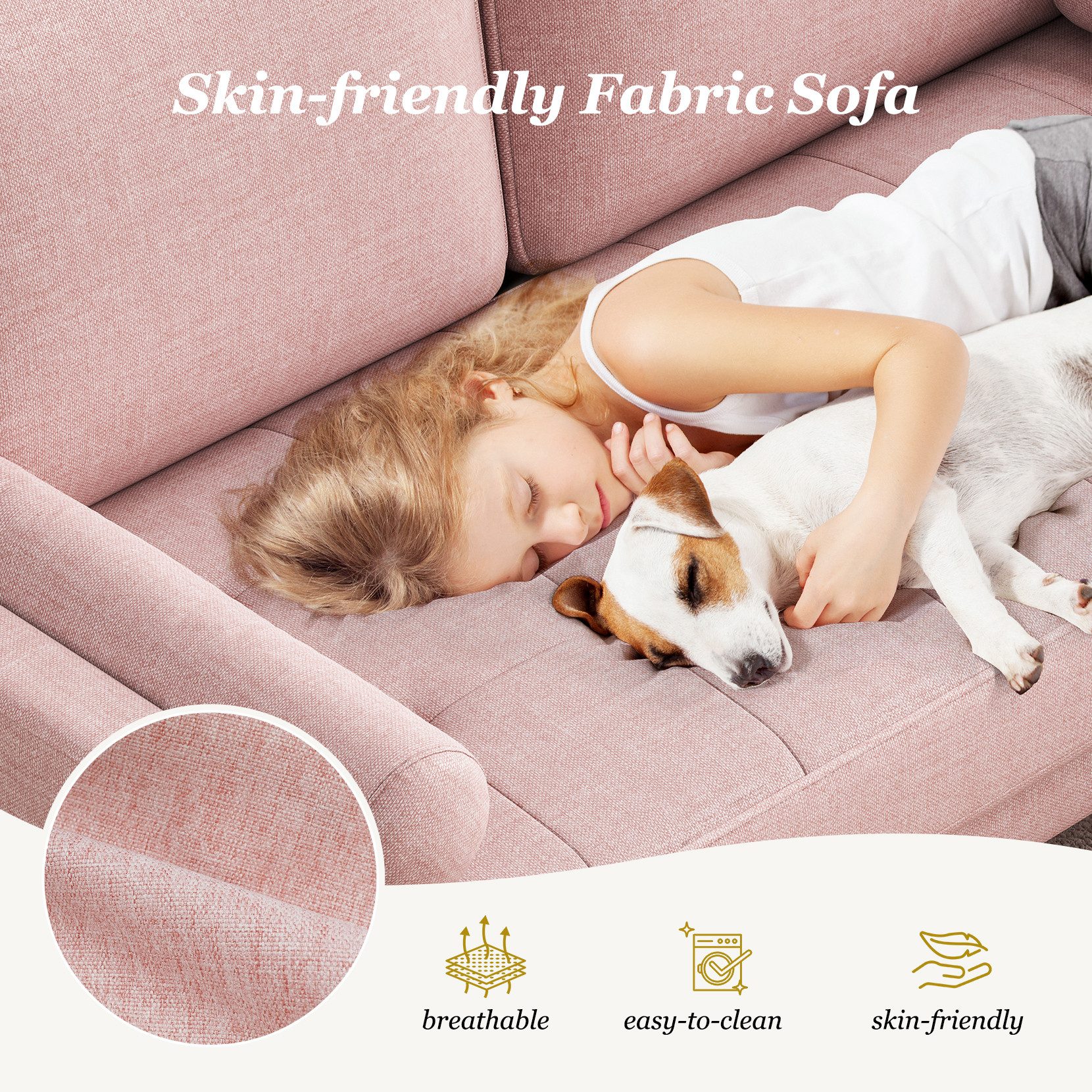 OUNUO Sofa 121cm Kleines Loveseat Sofa Couch aus Samt und Leinen mit 2 Zierkissen – Bild 2 von 5