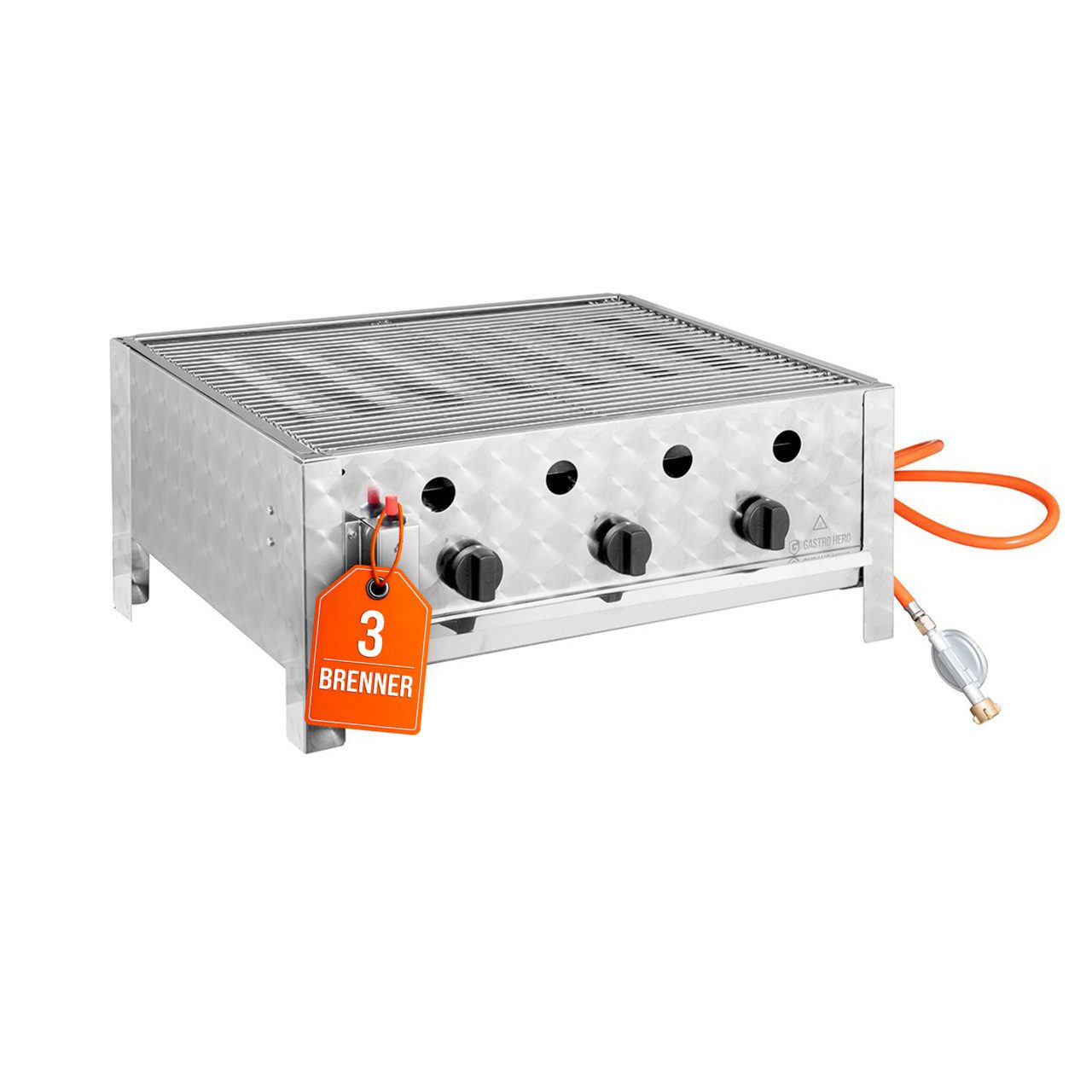 GastroHero Gasgrill Tischbräter - 3 Brenner 10 kW, 65x57x27 cm Tischgrill Gas-Grill Event, Piezozündung, Grillfläche: 63x50 cm, inkl. Gitter und Fettwanne