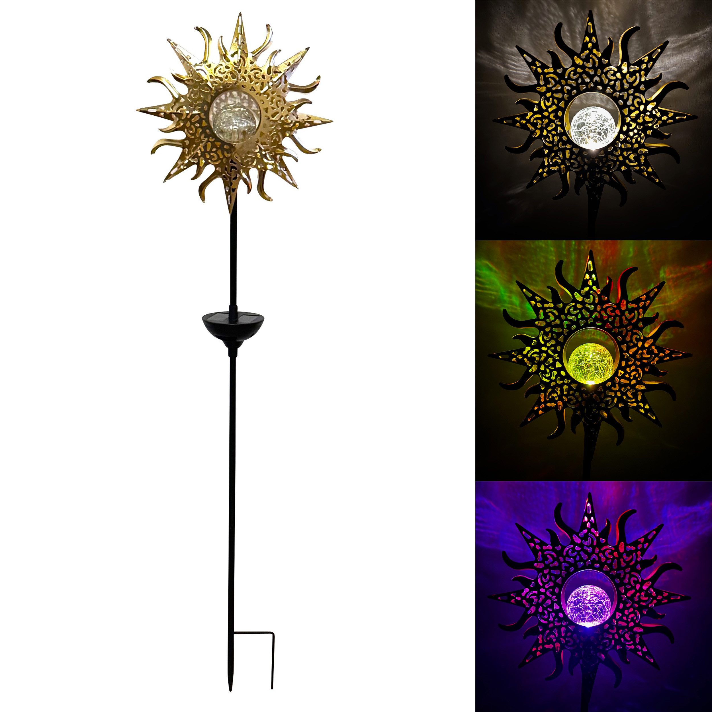 Online-Fuchs Gartenstecker SONNE aus Metall mit Glaskugel und LED-Solarbeleuchtung - 102 cm groß (Warmweiß oder seichter Farbwechsel wählbar, Beetstecker) beeindruckende Dekoration für Ihren Garten, Terrasse oder Balkon