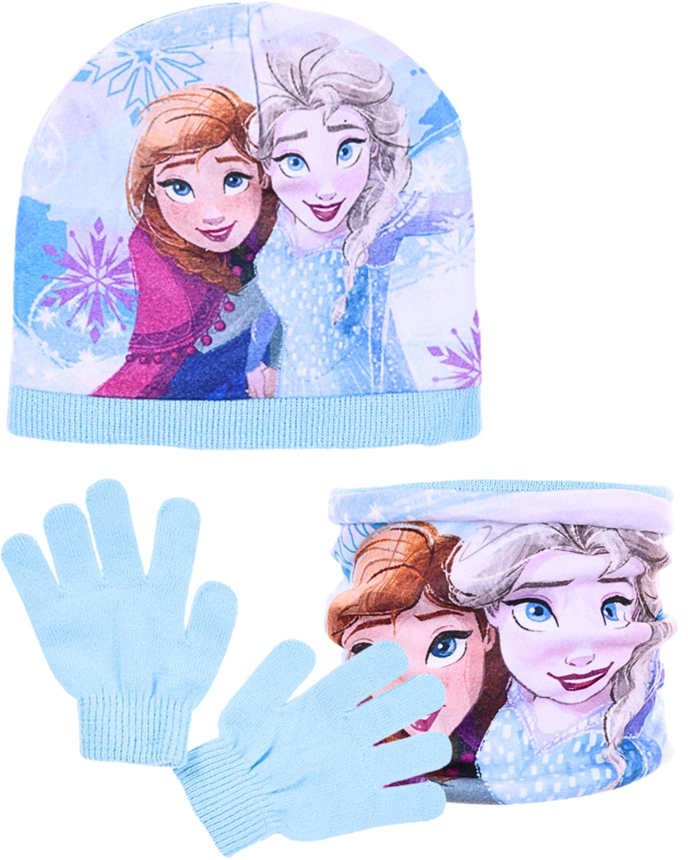(3-St) Mütze, Schlauchschal, Anna Disney 52, Elsa 54 Handschuhe Gr. Hellblau Frozen cm & Beanie Winter-Set Mädchen