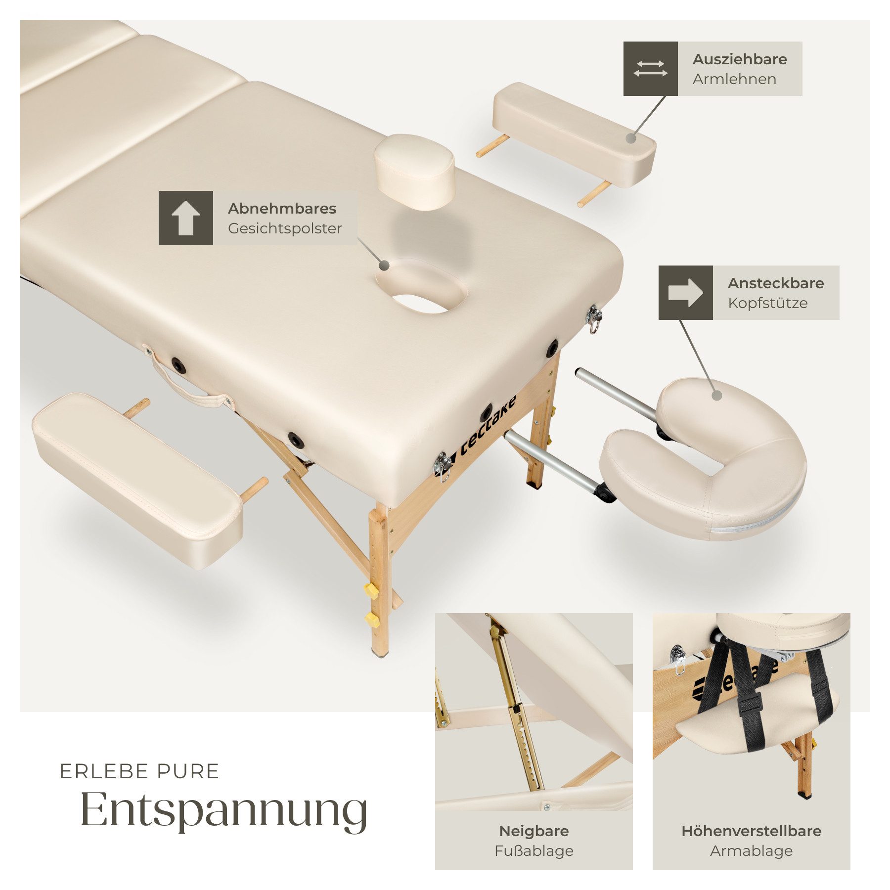 tectake Massageliege 3 zonen tragbare liege mit 10cm polsterung (Set, 1-St., mit Tragetasche), holzgestell, belastbar bis 250 kg