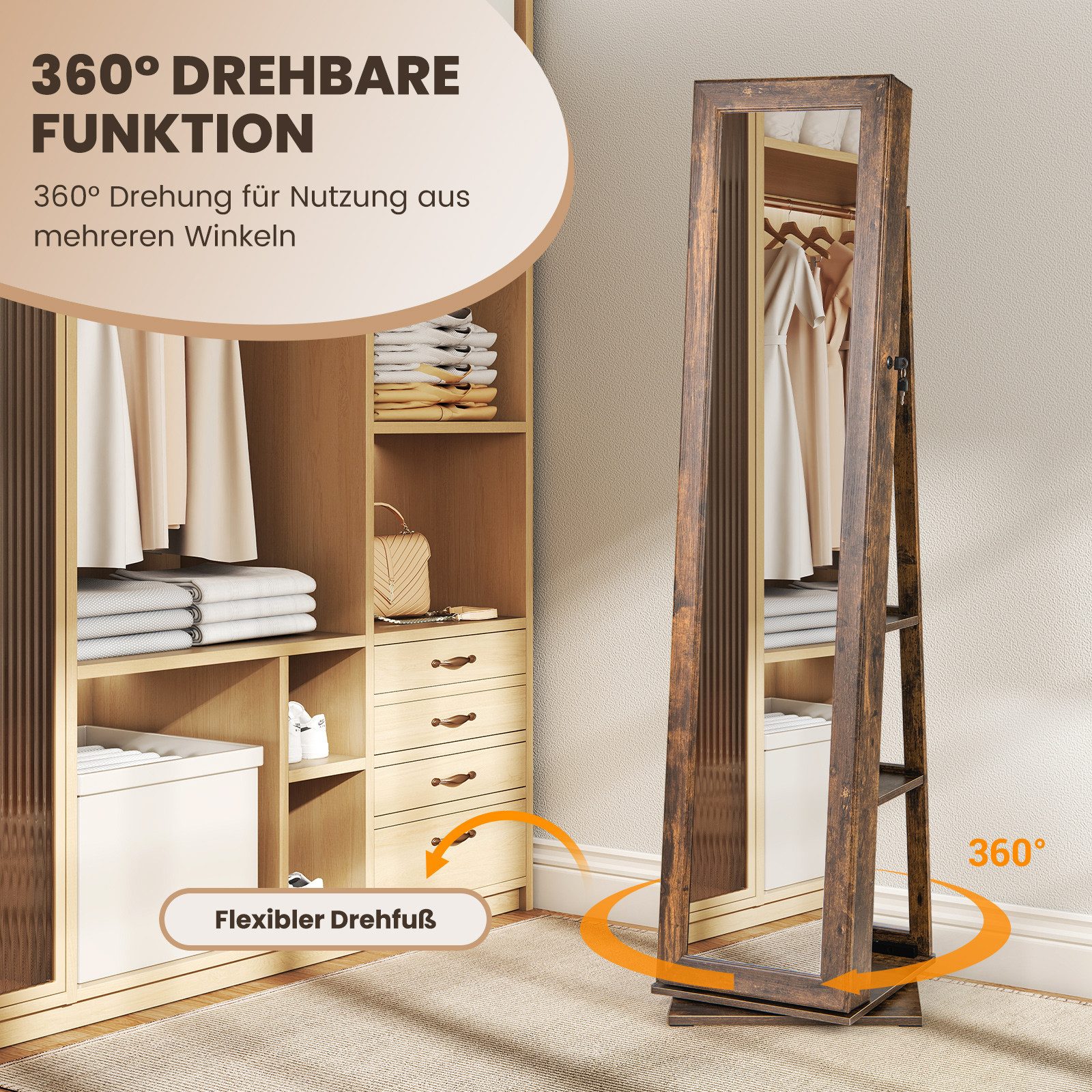 COSTWAY Schmuckschrank 360° drehbar, Ganzkörperspiegel stehend, mit Regal