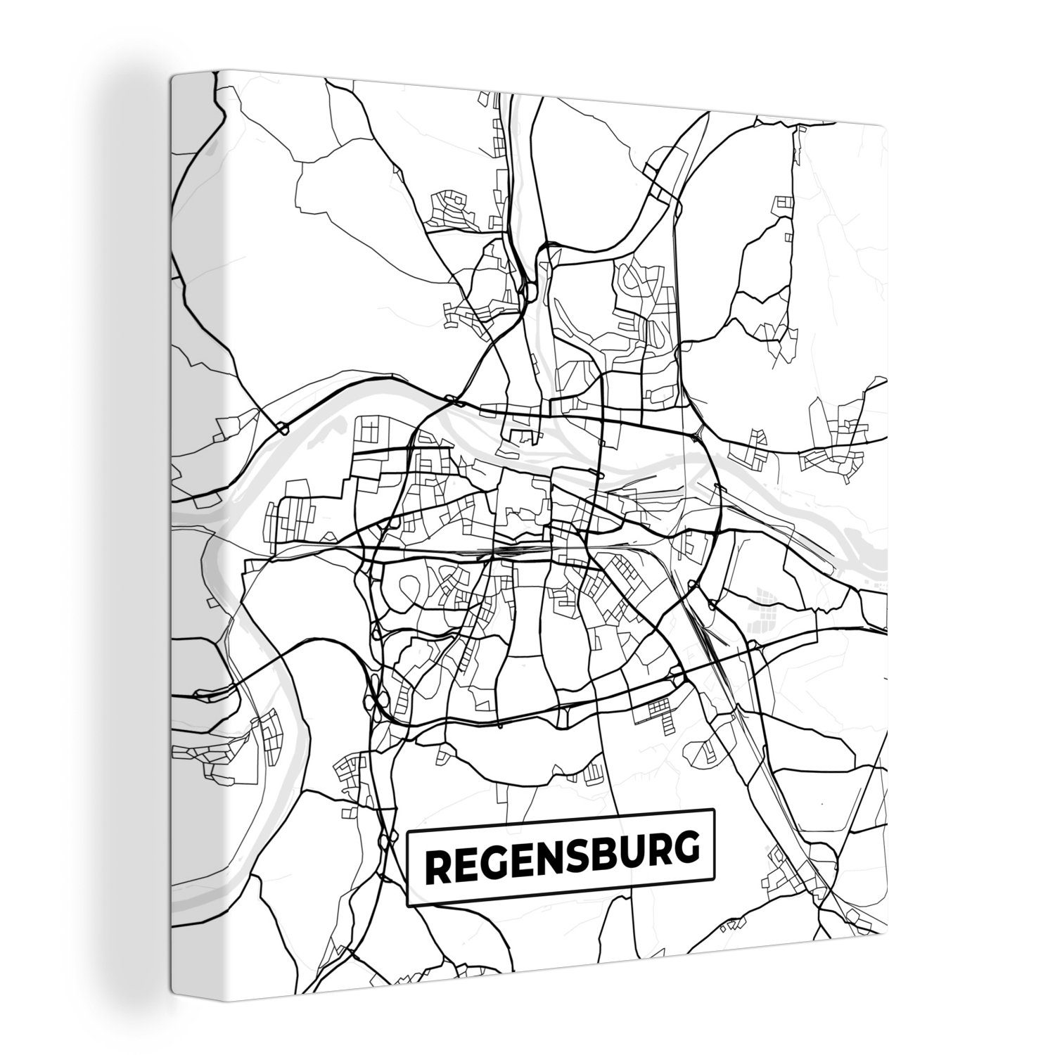 OneMillionCanvasses® Leinwandbild Karte - Regenburg - Stadtplan, (1 St), Leinwand Bilder für Wohnzimmer Schlafzimmer