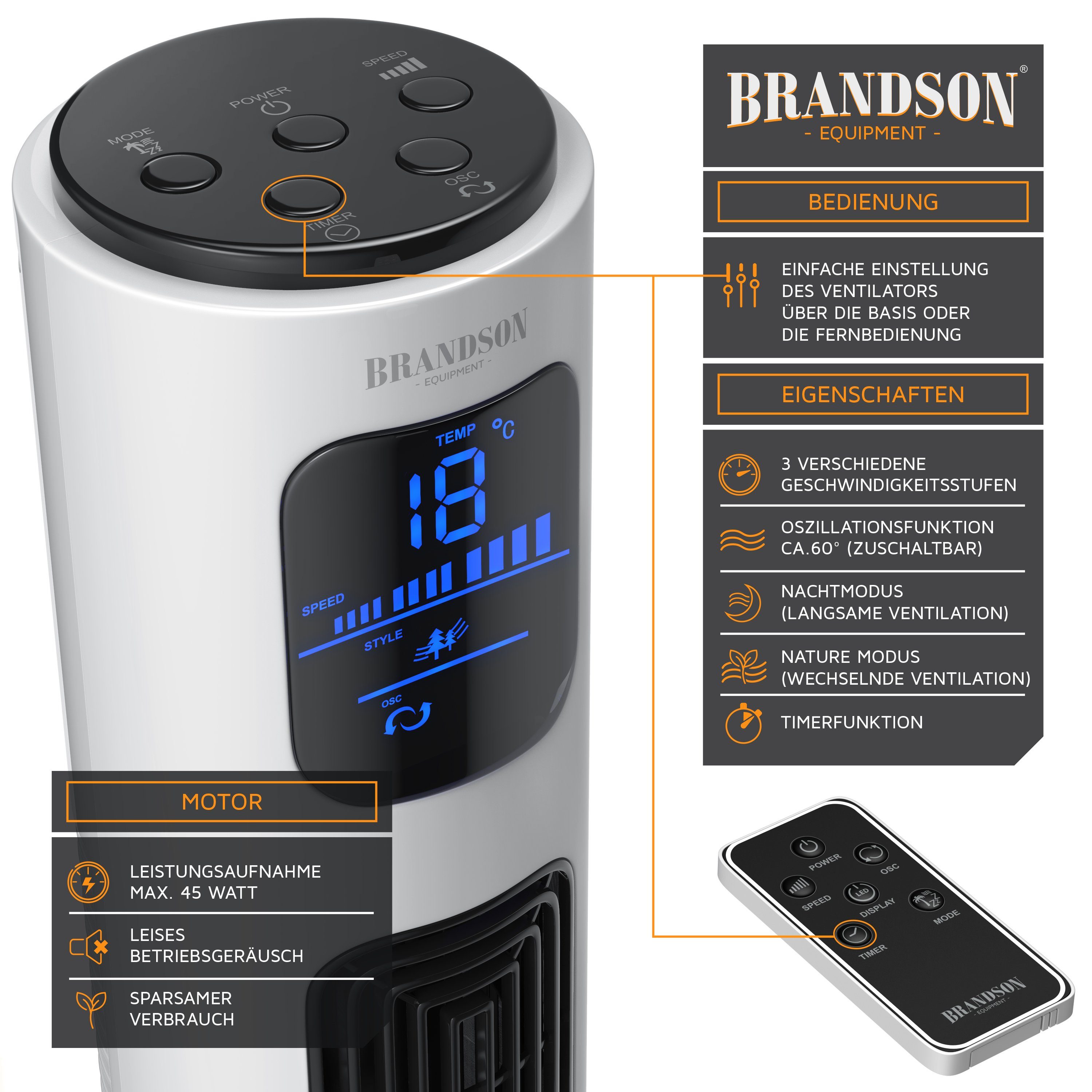 Brandson Turmventilator Oszillation 65°, Timer, Fernbedienung, Standventilator 96cm, Weiß, Preisträger 2025, mobiler Lüfter leise, 4 Lüftungs-Modi, GS-Geprüft