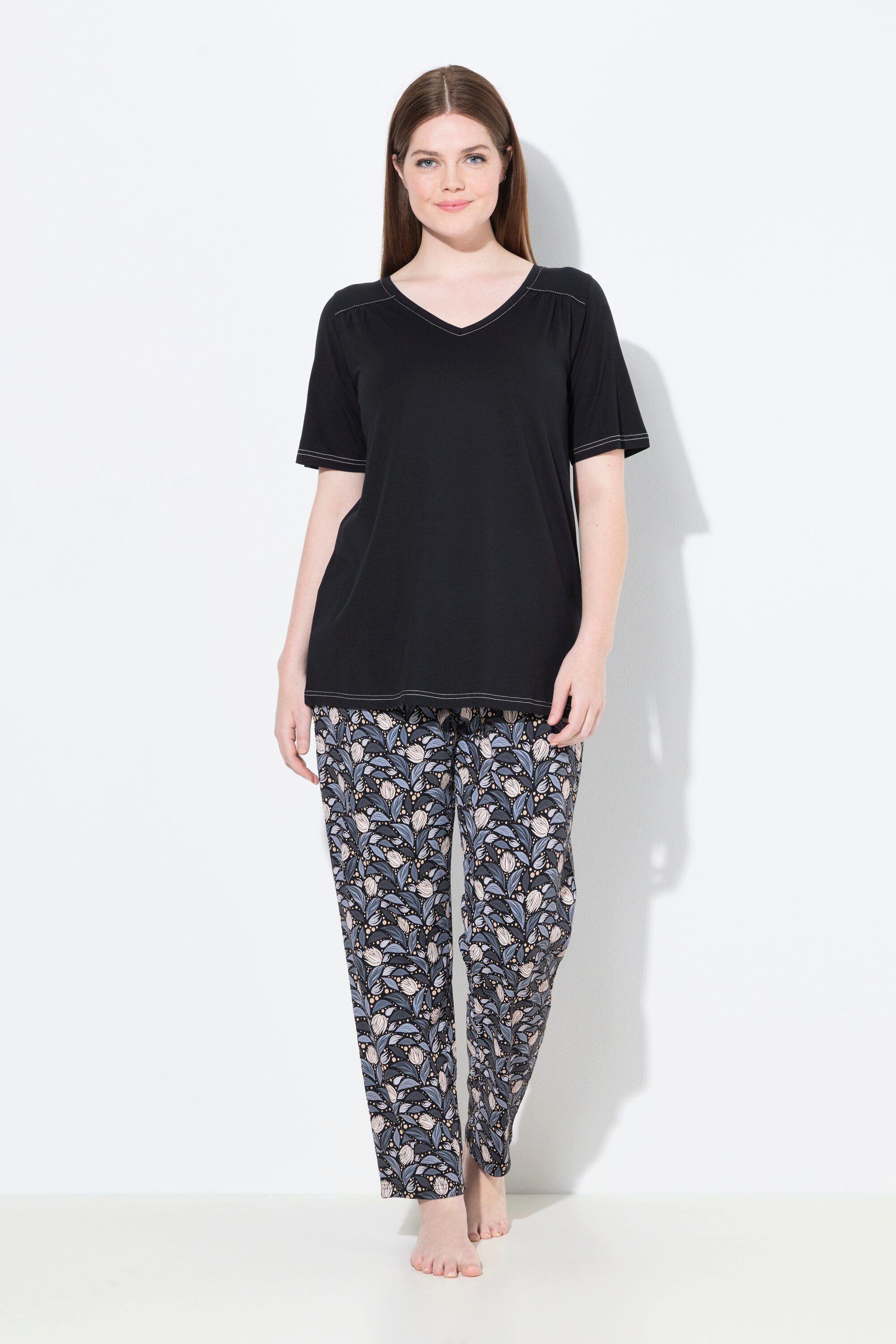 Ulla Popken Pyjama Pyjama Blätter V-Ausschnitt Halbarm günstig online kaufen